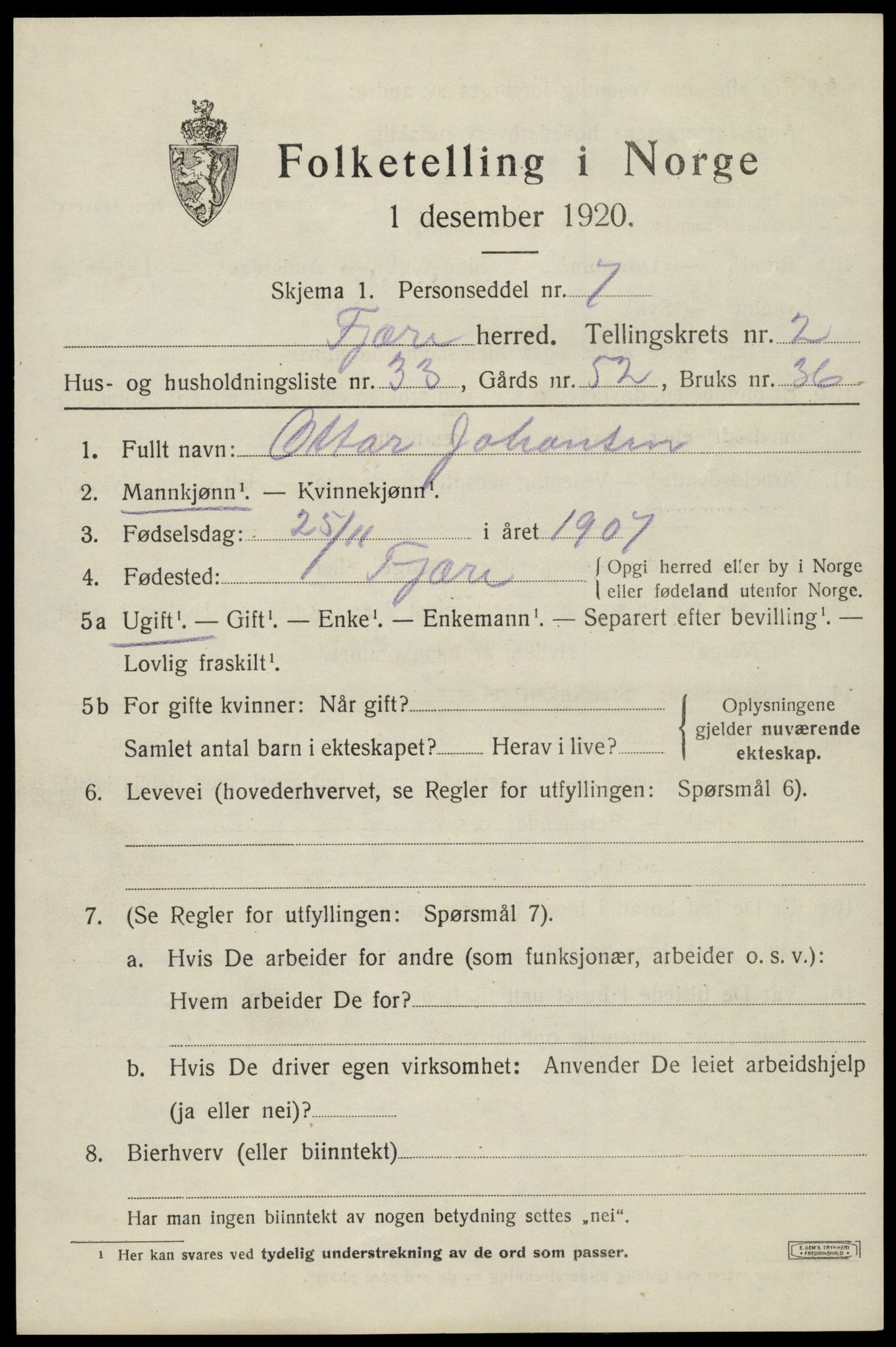 SAK, 1920 census for Fjære, 1920, p. 3625