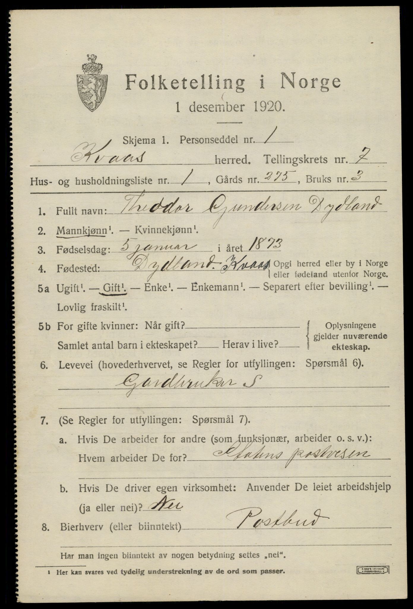 SAK, 1920 census for Kvås, 1920, p. 1734