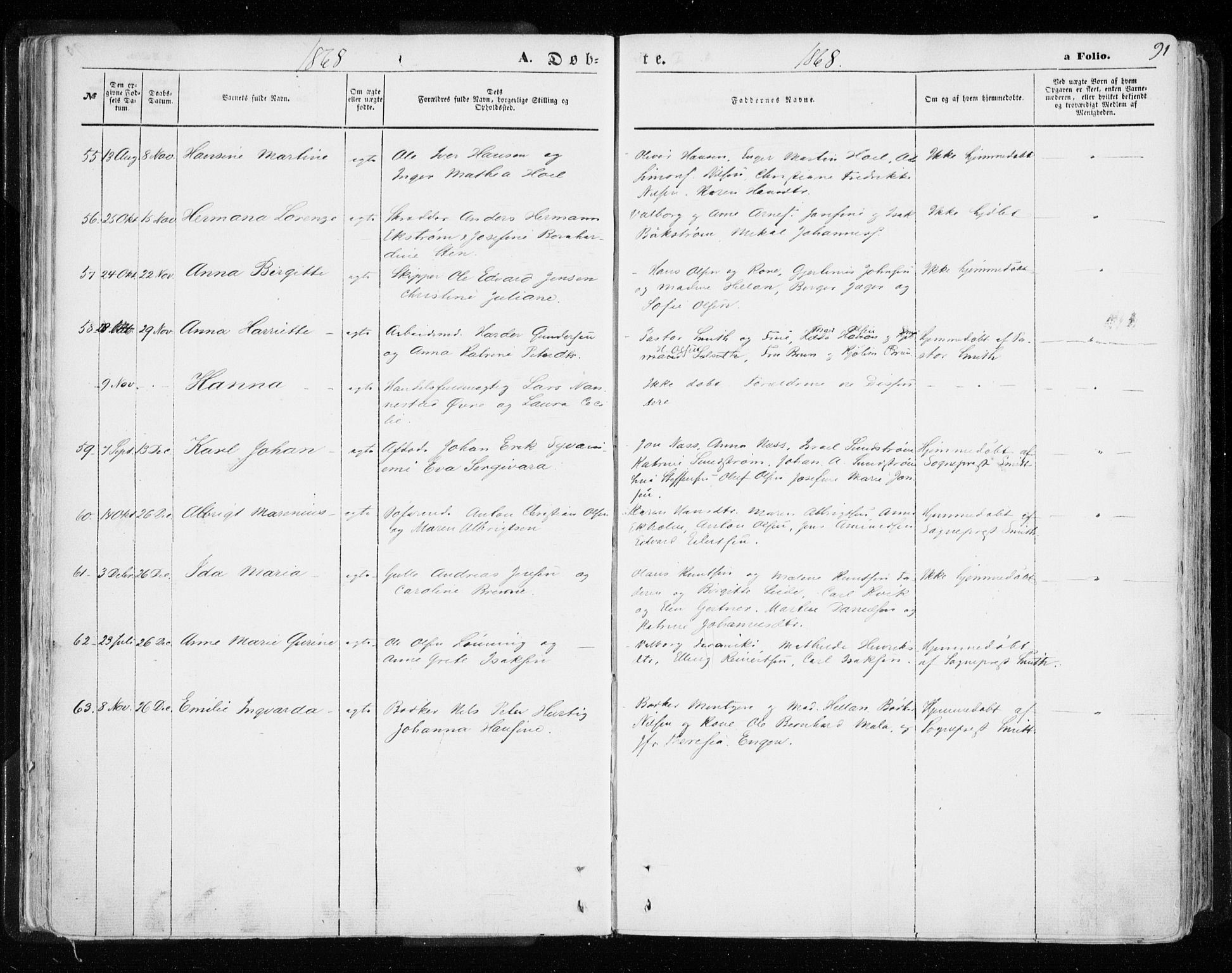 Hammerfest sokneprestkontor, AV/SATØ-S-1347/H/Ha/L0005.kirke: Parish register (official) no. 5, 1857-1869, p. 91