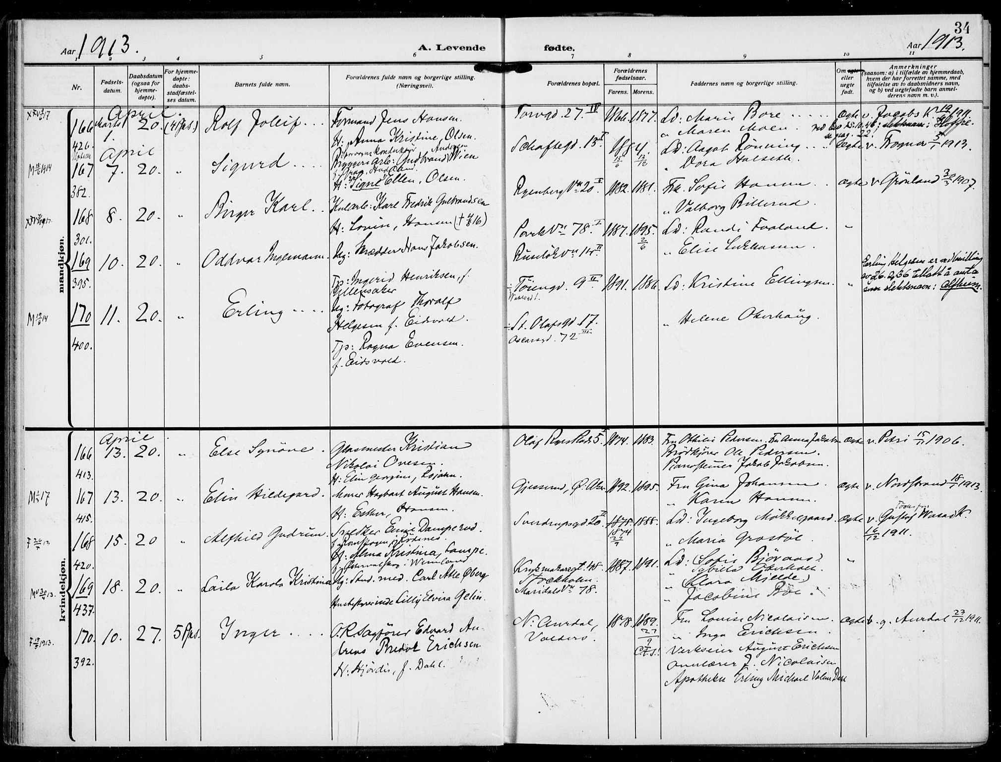 Rikshospitalet prestekontor Kirkebøker, SAO/A-10309b/F/L0015: Parish register (official) no. 15, 1913-1915, p. 34