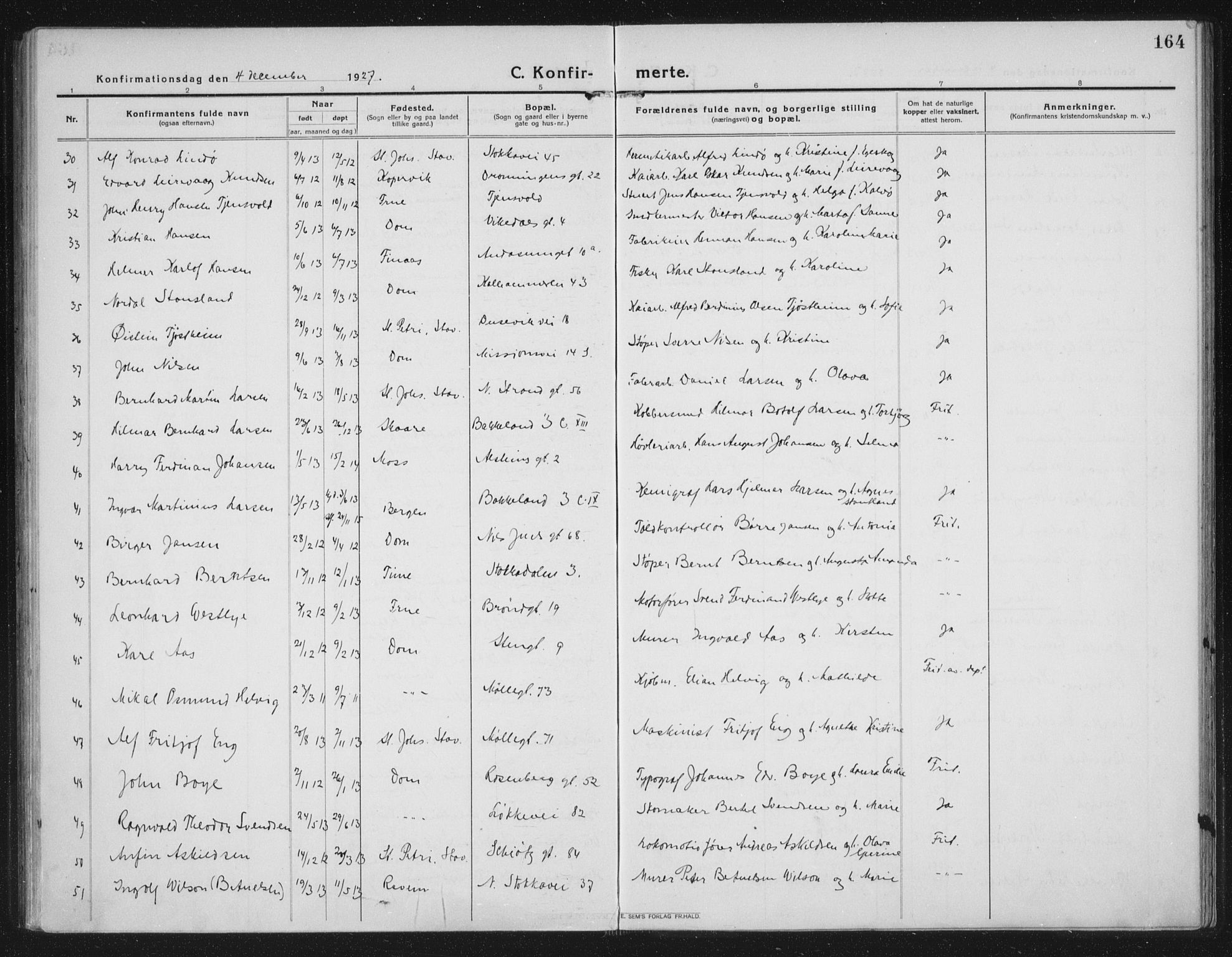 Domkirken sokneprestkontor, AV/SAST-A-101812/002/A/L0019: Parish register (official) no. A 35, 1916-1932, p. 164