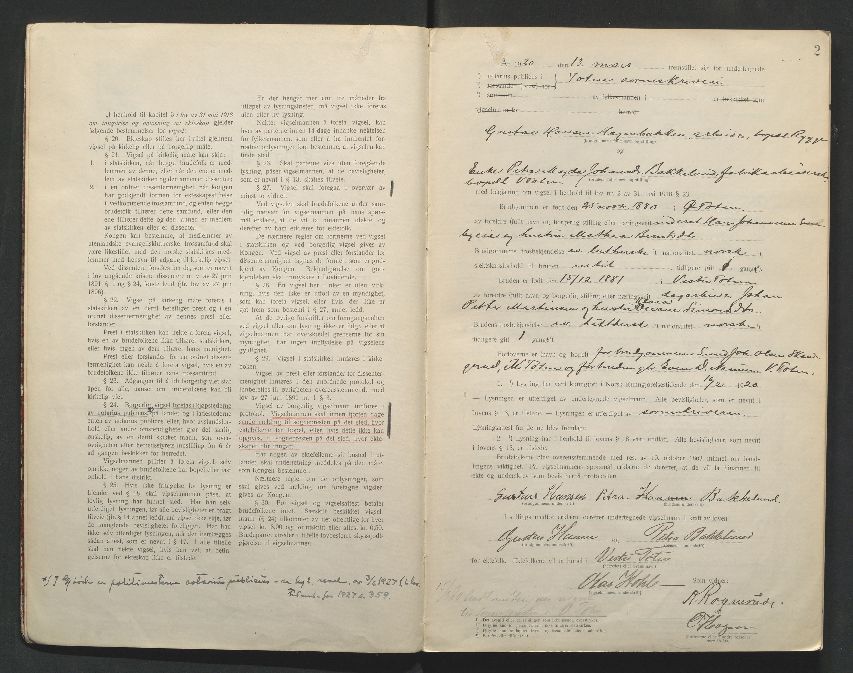 Toten tingrett, AV/SAH-TING-006/L/Lc/L0001: Vigselbok, 1920-1942, p. 2