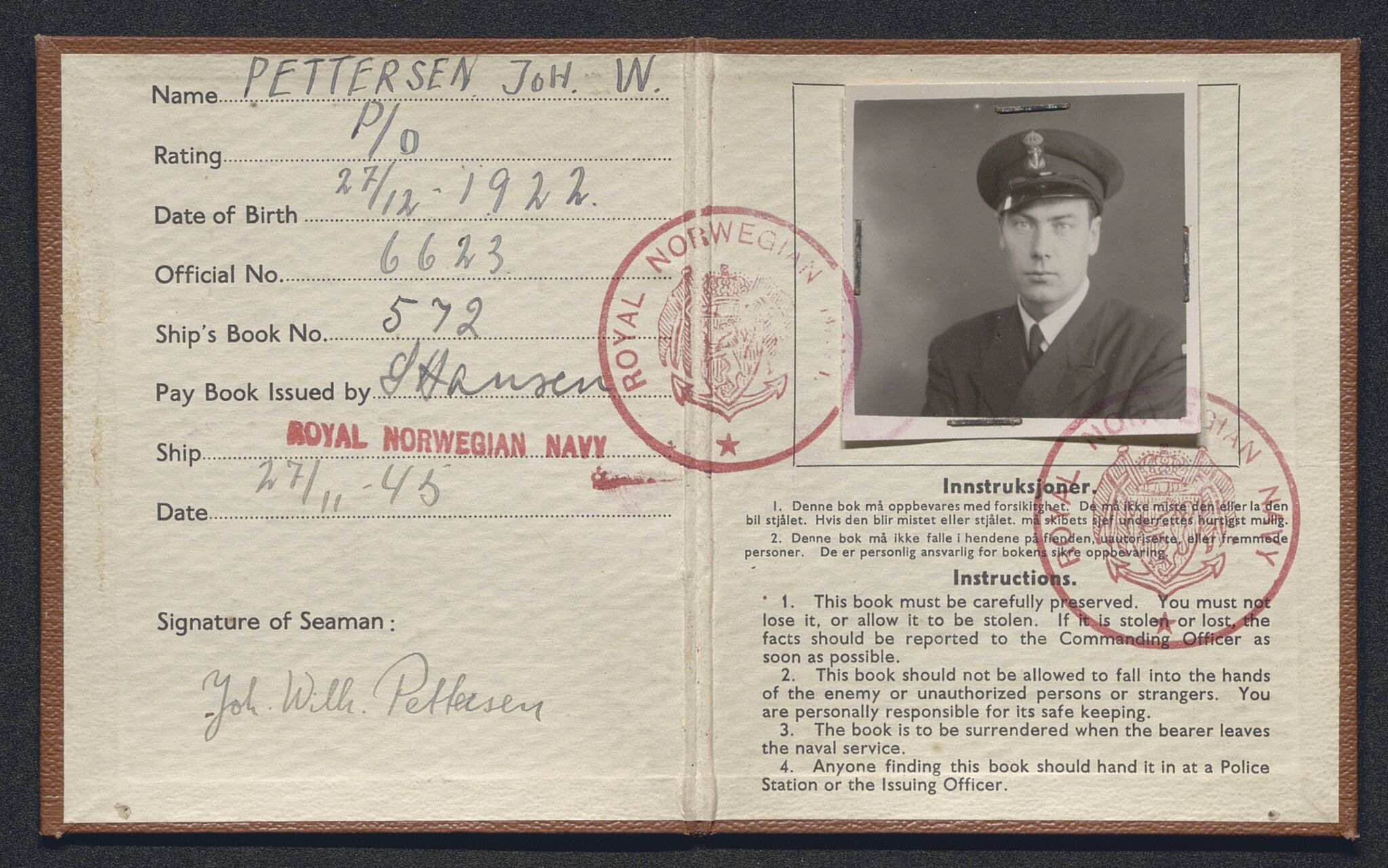 Forsvaret, Handelsflåtens selvforsvar, AV/RA-RAFA-2038/D/Da/L0013: Sailors Identity Book, 1941-1945, p. 46