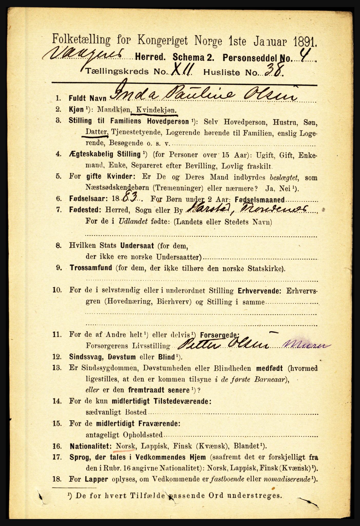 RA, 1891 census for 1865 Vågan, 1891, p. 3121