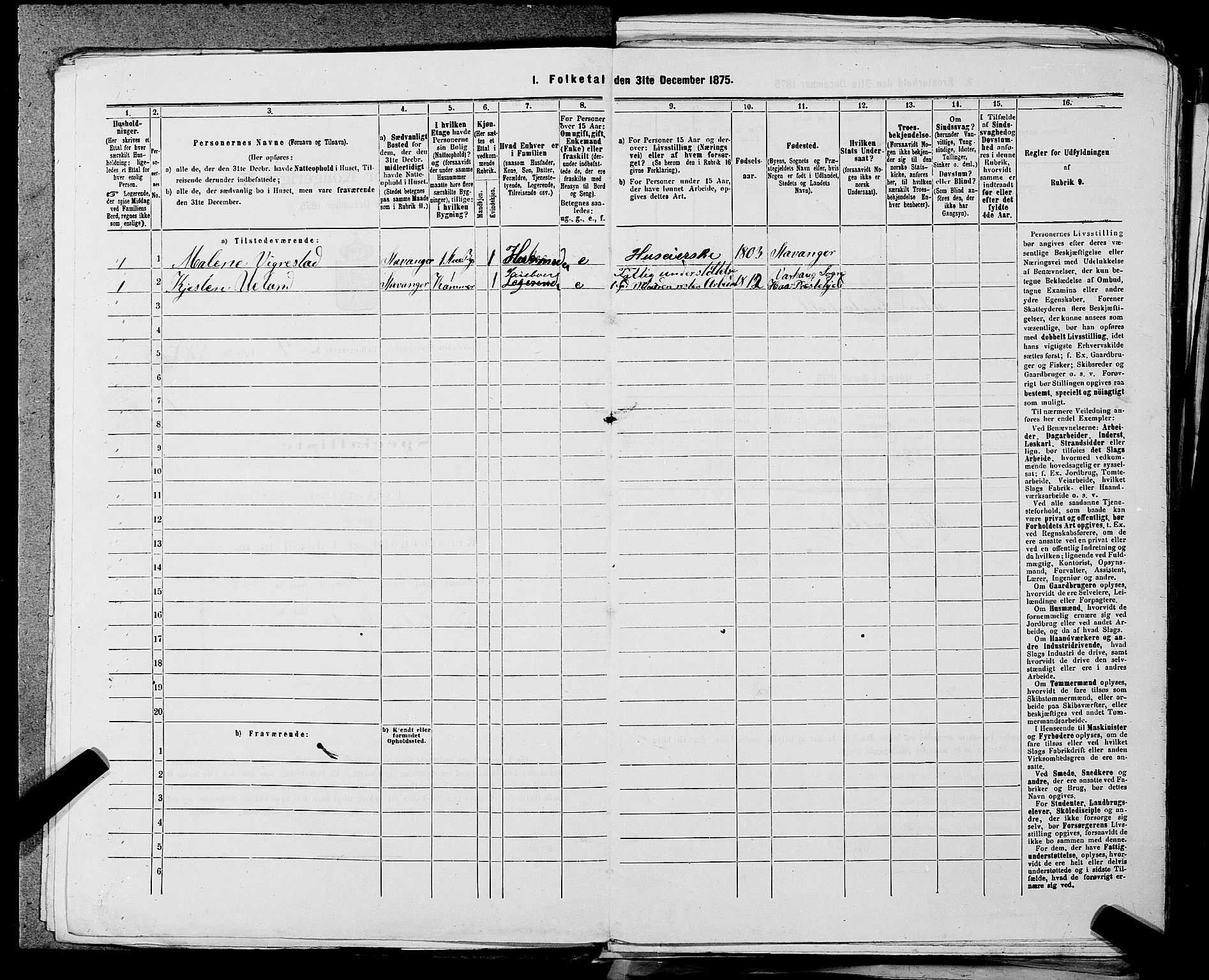 SAST, 1875 census for 1103 Stavanger, 1875, p. 652