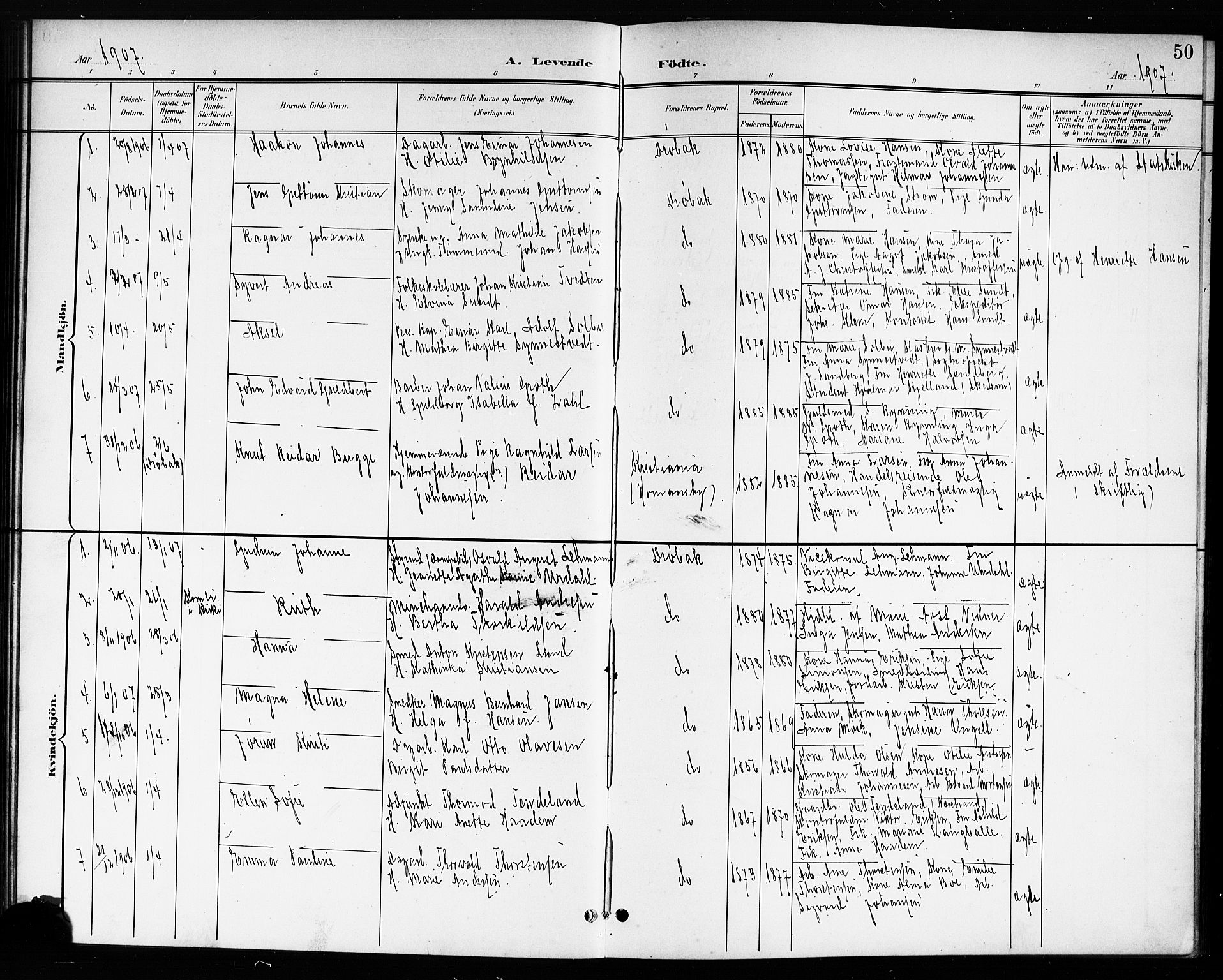 Drøbak prestekontor Kirkebøker, AV/SAO-A-10142a/G/Ga/L0001: Parish register (copy) no. I 1, 1897-1917, p. 50