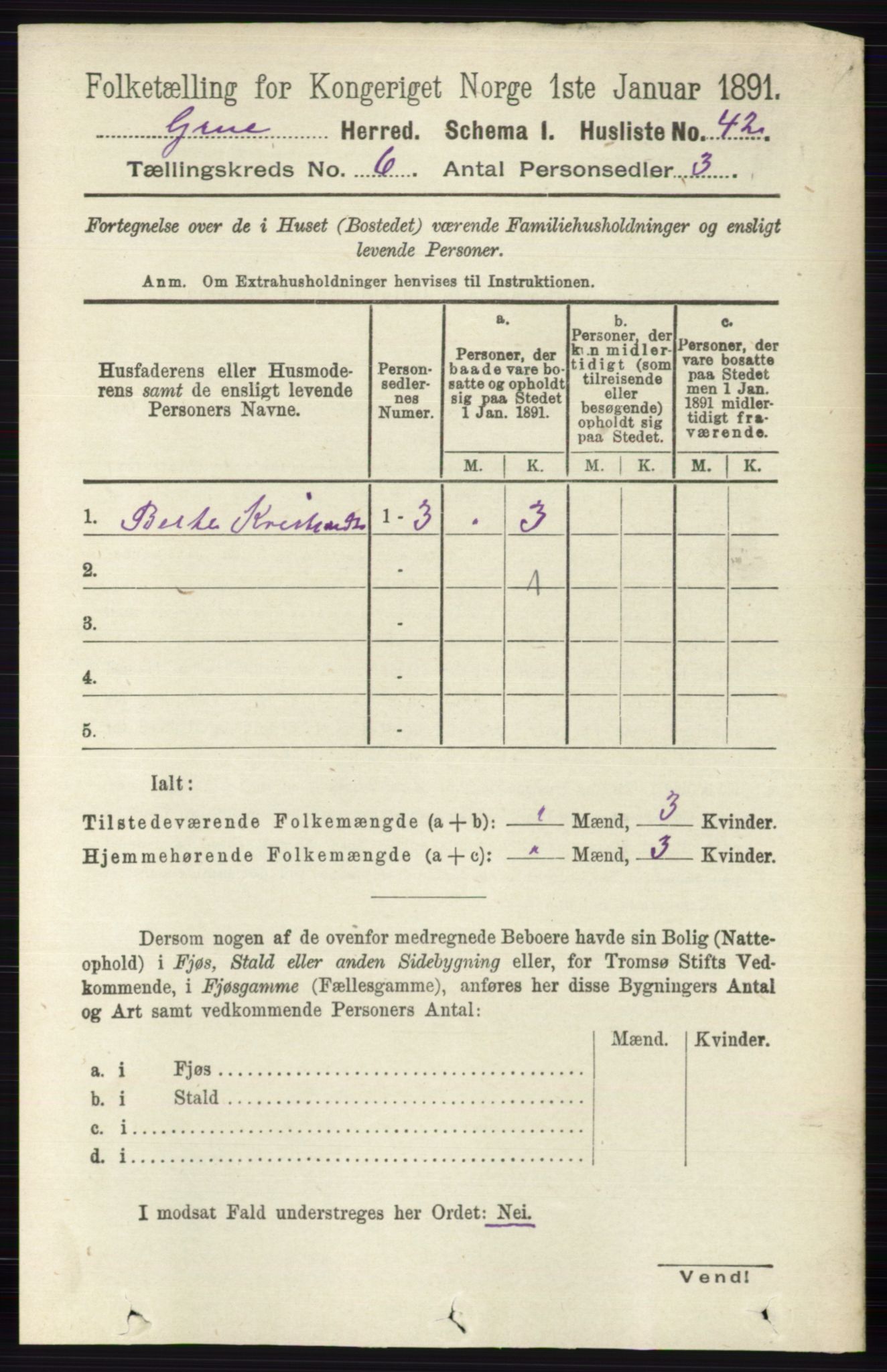 RA, 1891 census for 0423 Grue, 1891, p. 3229