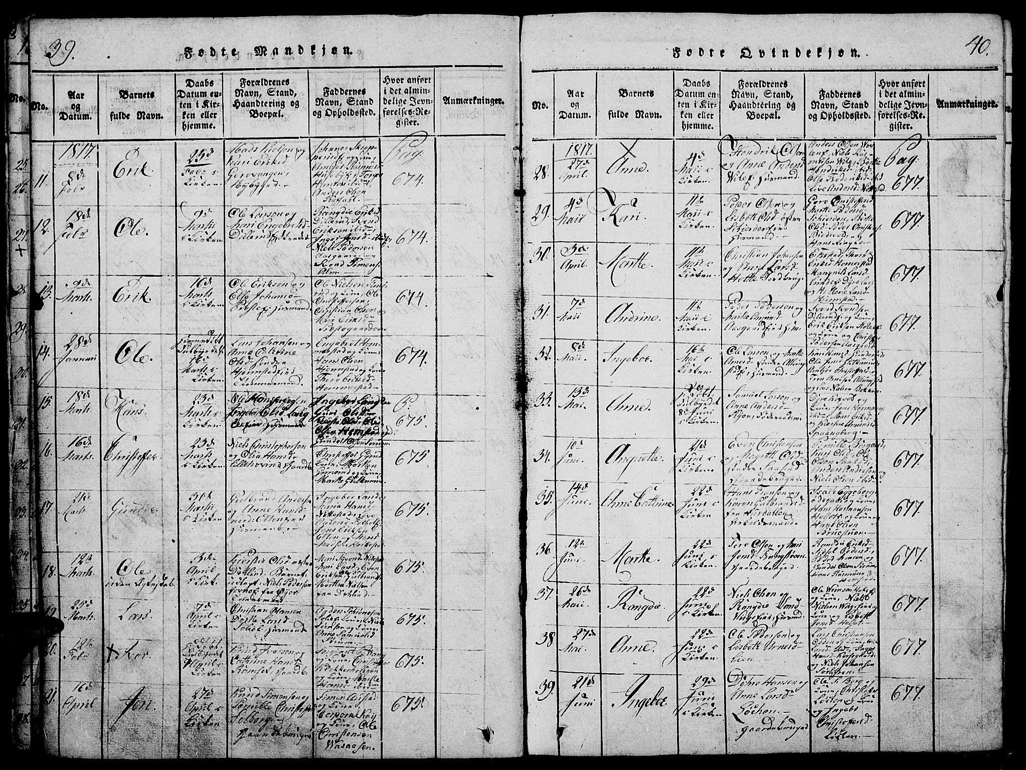 Stange prestekontor, AV/SAH-PREST-002/K/L0008: Parish register (official) no. 8, 1814-1825, p. 39-40