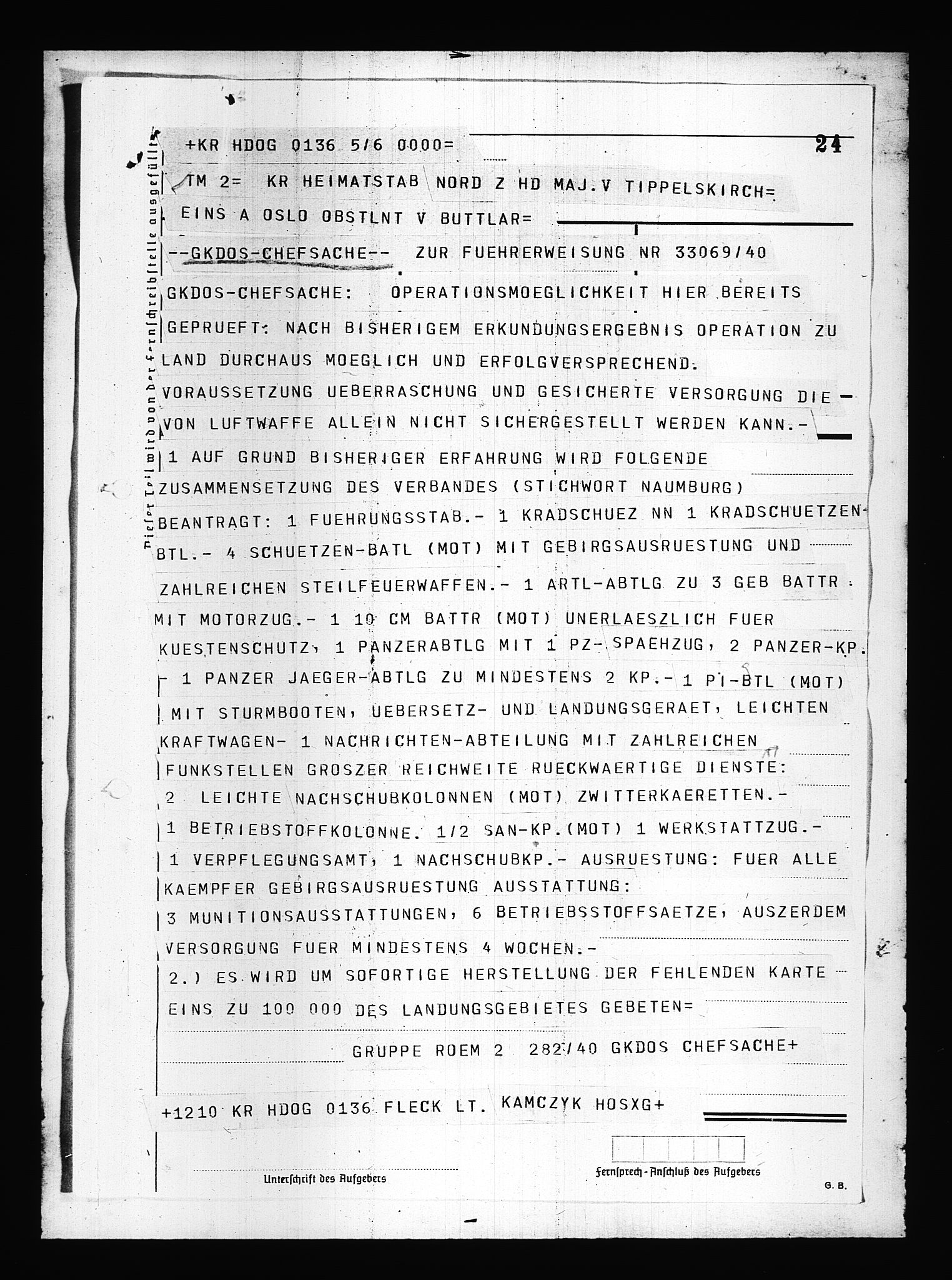 Documents Section, AV/RA-RAFA-2200/V/L0084: Amerikansk mikrofilm "Captured German Documents".
Box No. 723.  FKA jnr. 615/1954., 1940, p. 91