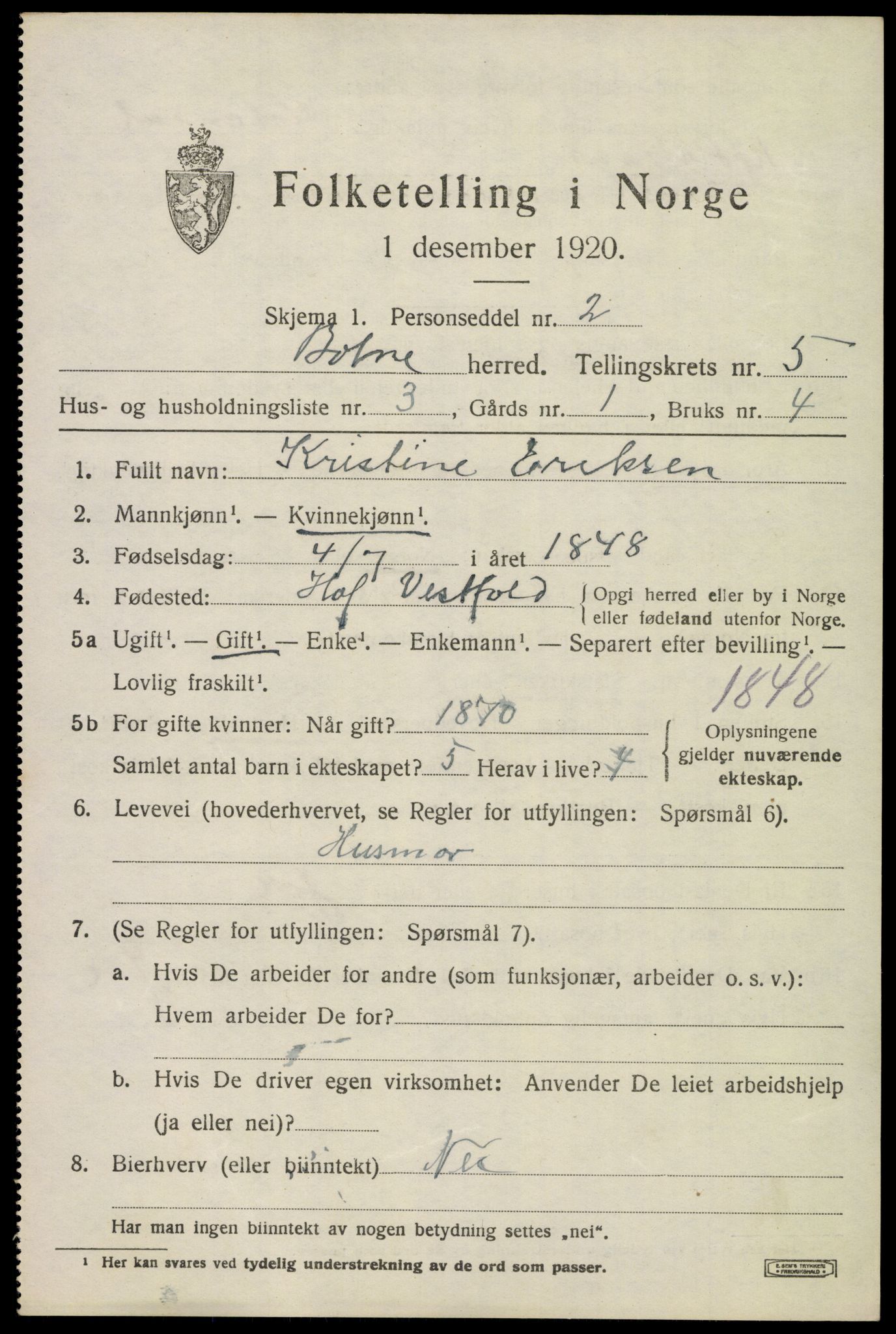 SAKO, 1920 census for Botne, 1920, p. 4255