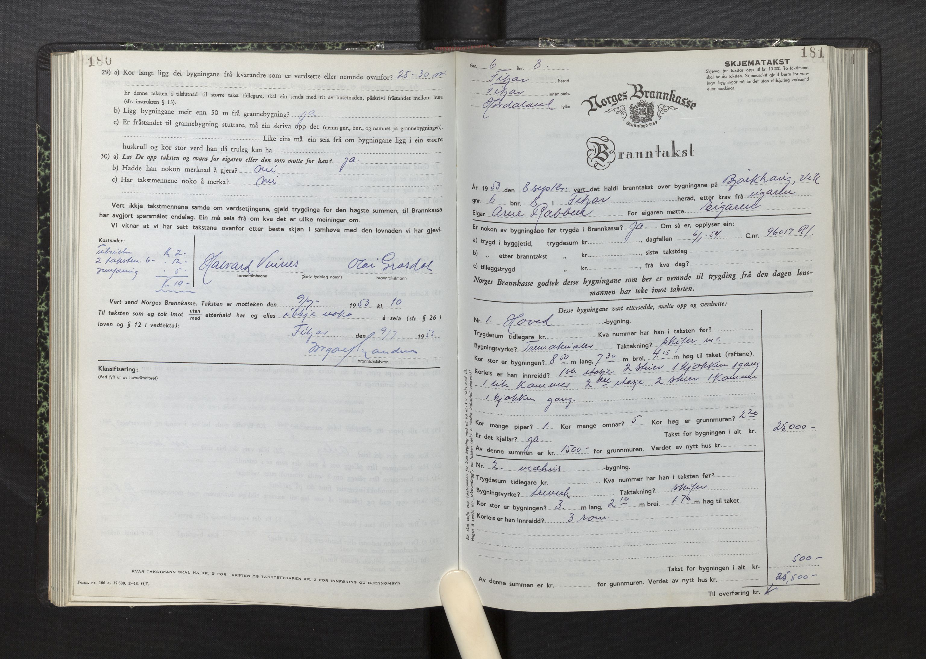 Lensmannen i Fitjar, AV/SAB-A-32001/0012/L0001b: Branntakstprotokoll, skjematakst, 1949-1955, p. 180-181