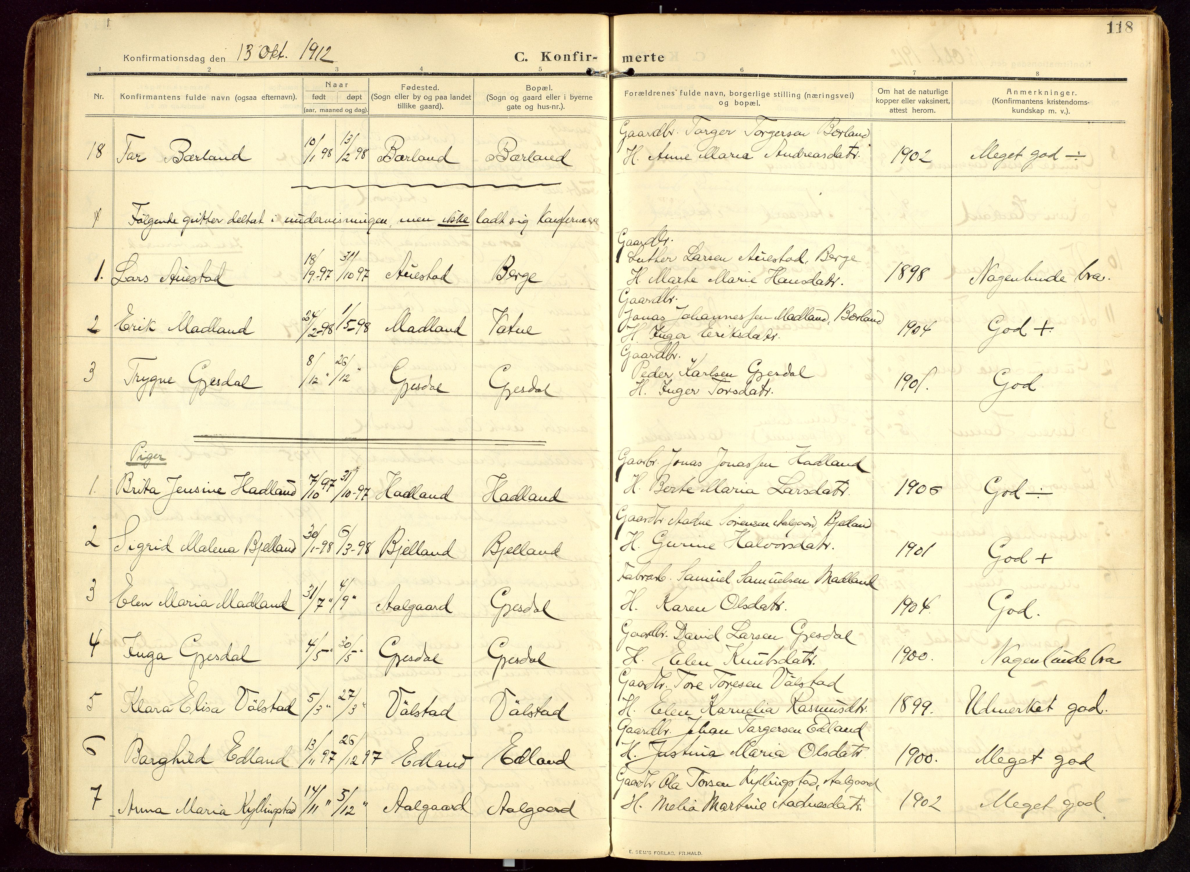 Lye sokneprestkontor, AV/SAST-A-101794/002/B/L0001: Parish register (official) no. A 13, 1910-1925, p. 118