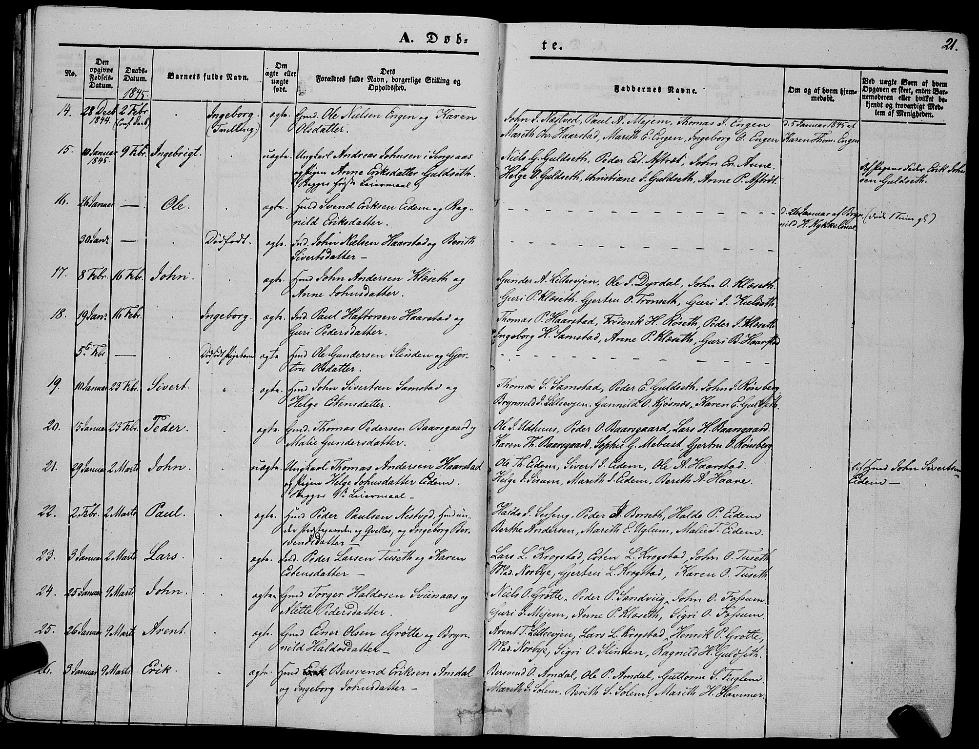 Ministerialprotokoller, klokkerbøker og fødselsregistre - Sør-Trøndelag, SAT/A-1456/695/L1145: Parish register (official) no. 695A06 /1, 1843-1859, p. 21