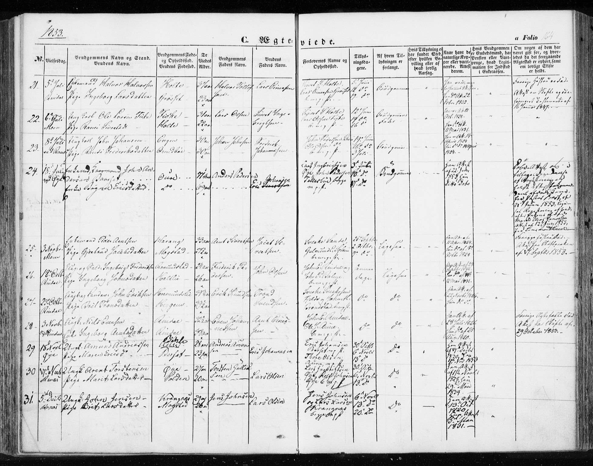 Ministerialprotokoller, klokkerbøker og fødselsregistre - Møre og Romsdal, SAT/A-1454/595/L1044: Parish register (official) no. 595A06, 1852-1863, p. 164