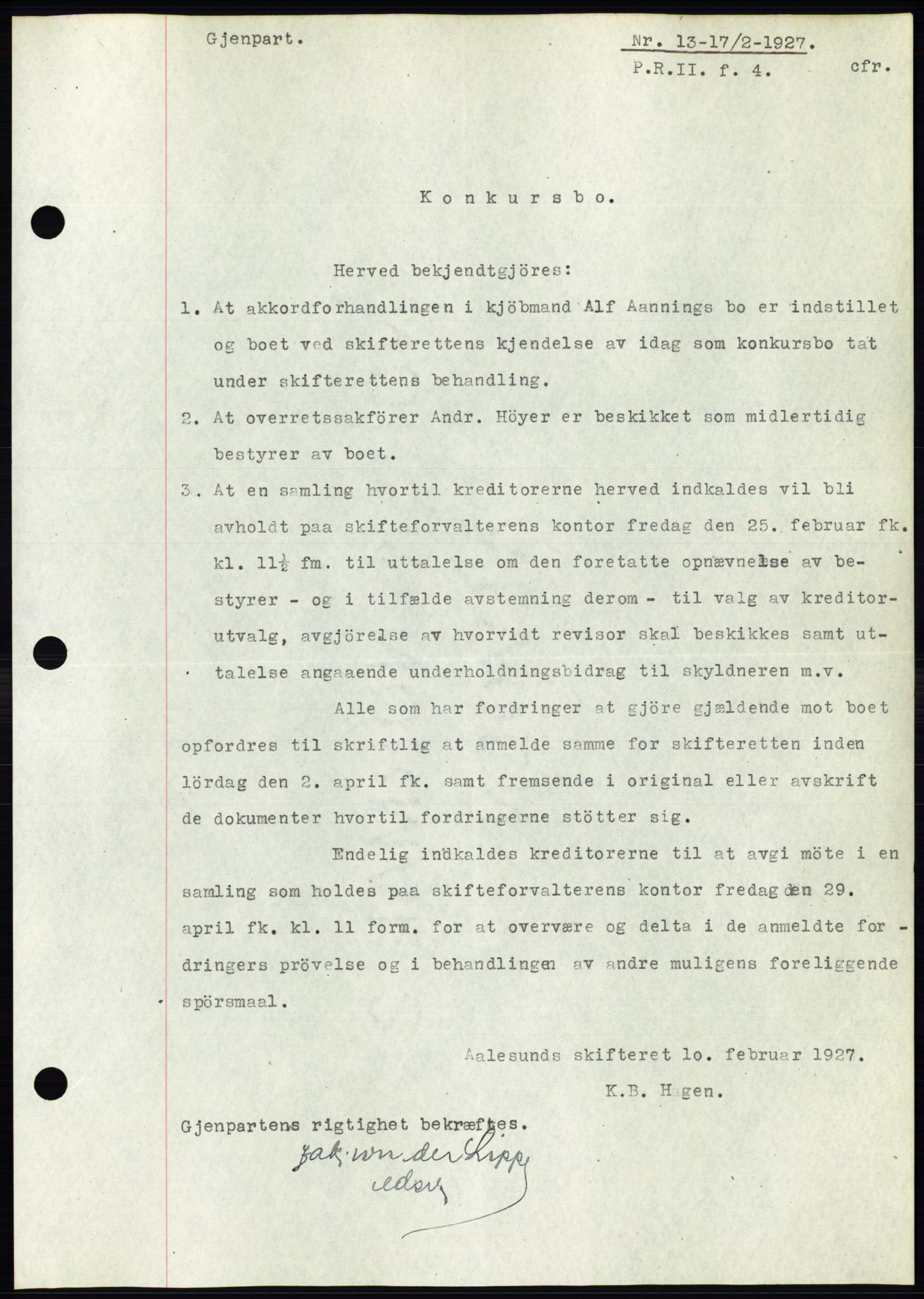 Ålesund byfogd, AV/SAT-A-4384: Mortgage book no. 21, 1926-1927, Deed date: 17.02.1927