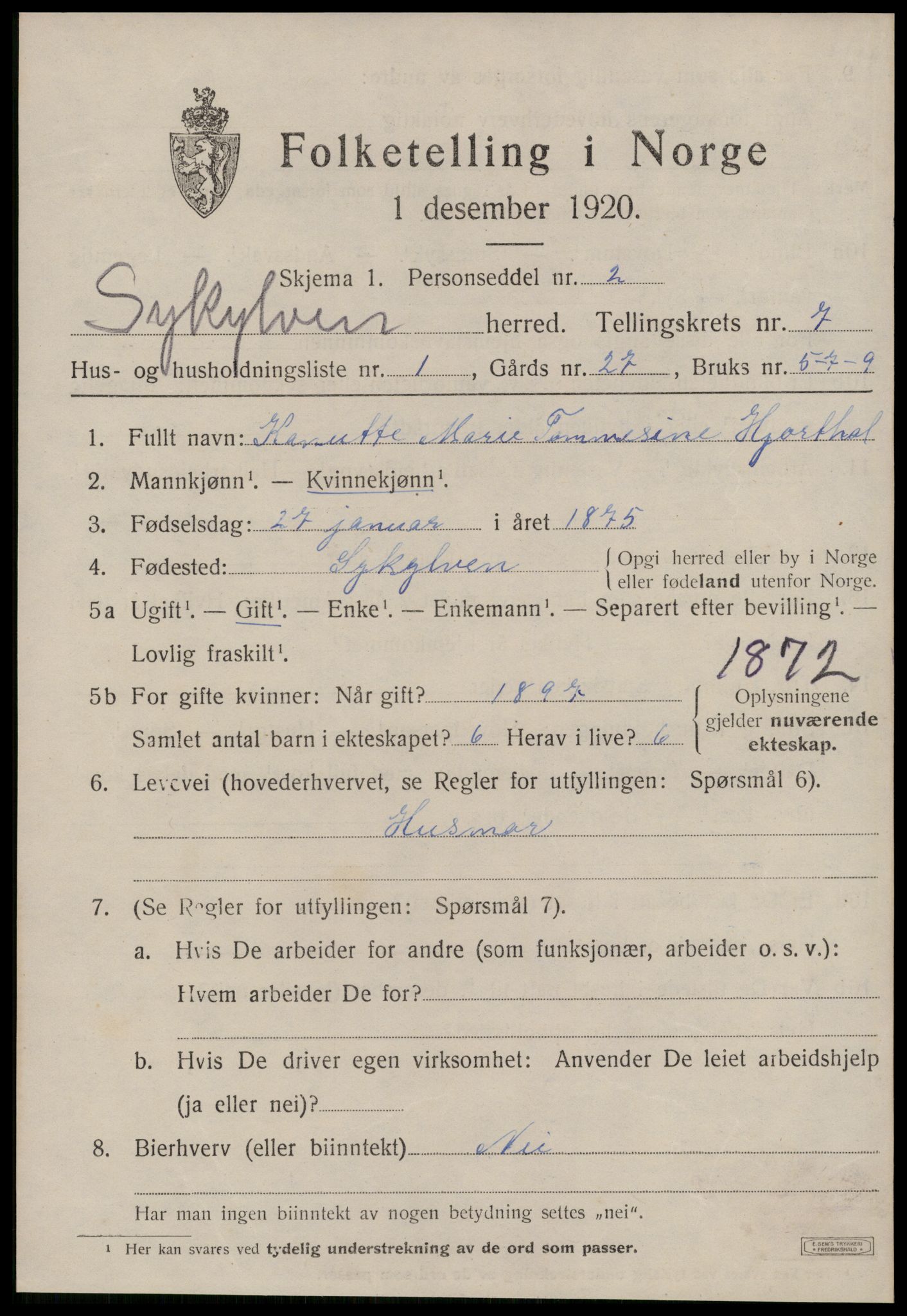 SAT, 1920 census for Sykkylven, 1920, p. 4009