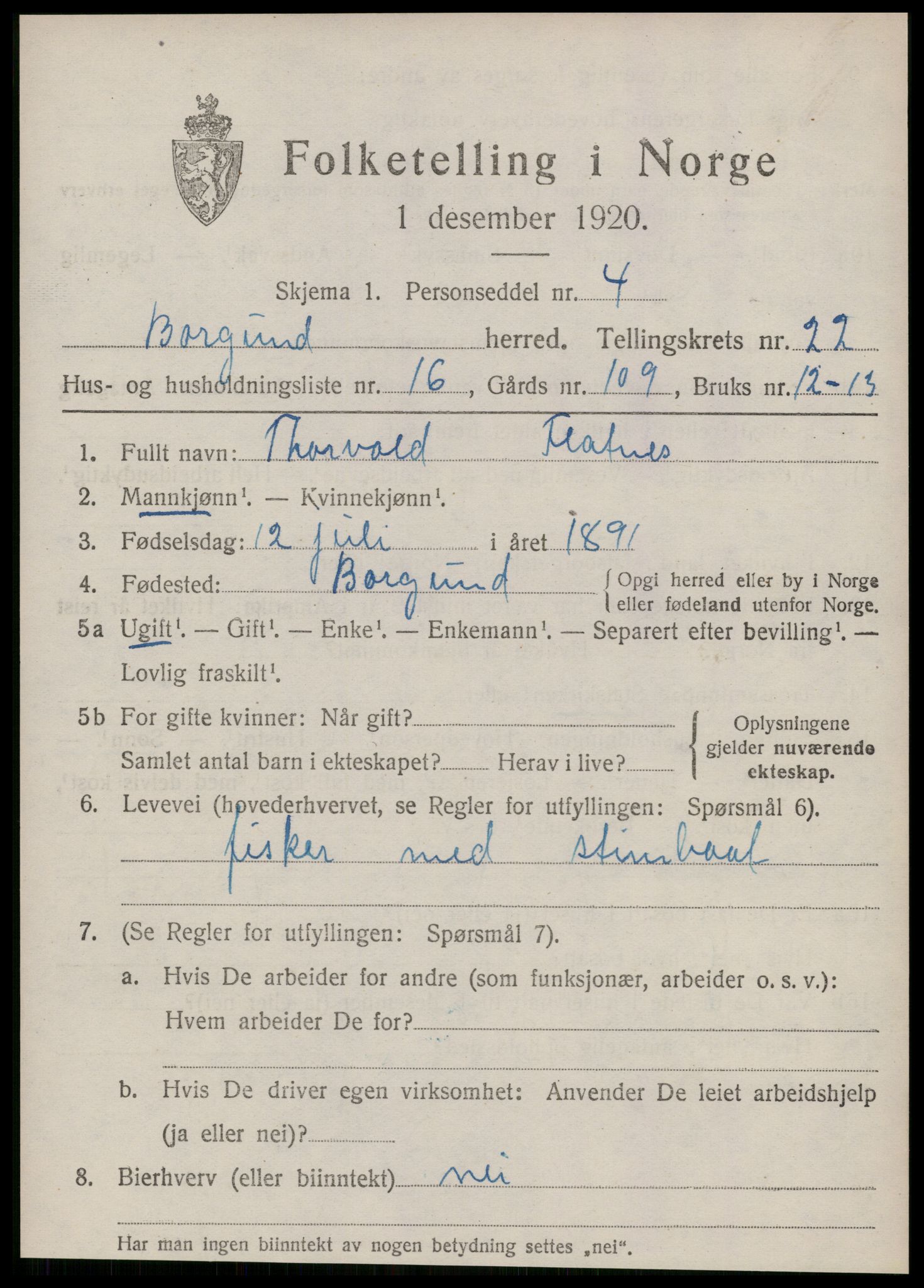 SAT, 1920 census for Borgund, 1920, p. 15354