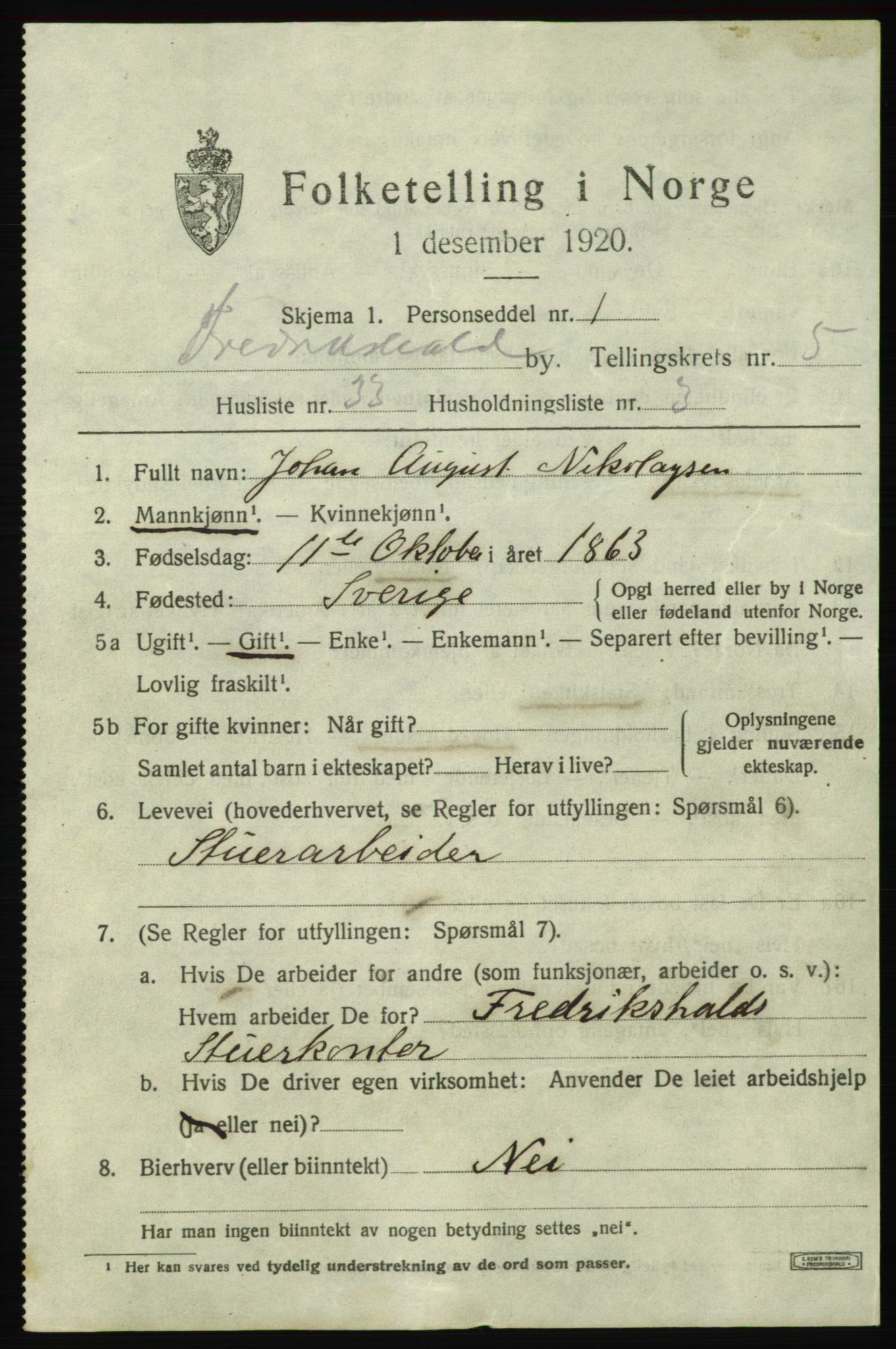 SAO, 1920 census for Fredrikshald, 1920, p. 12797