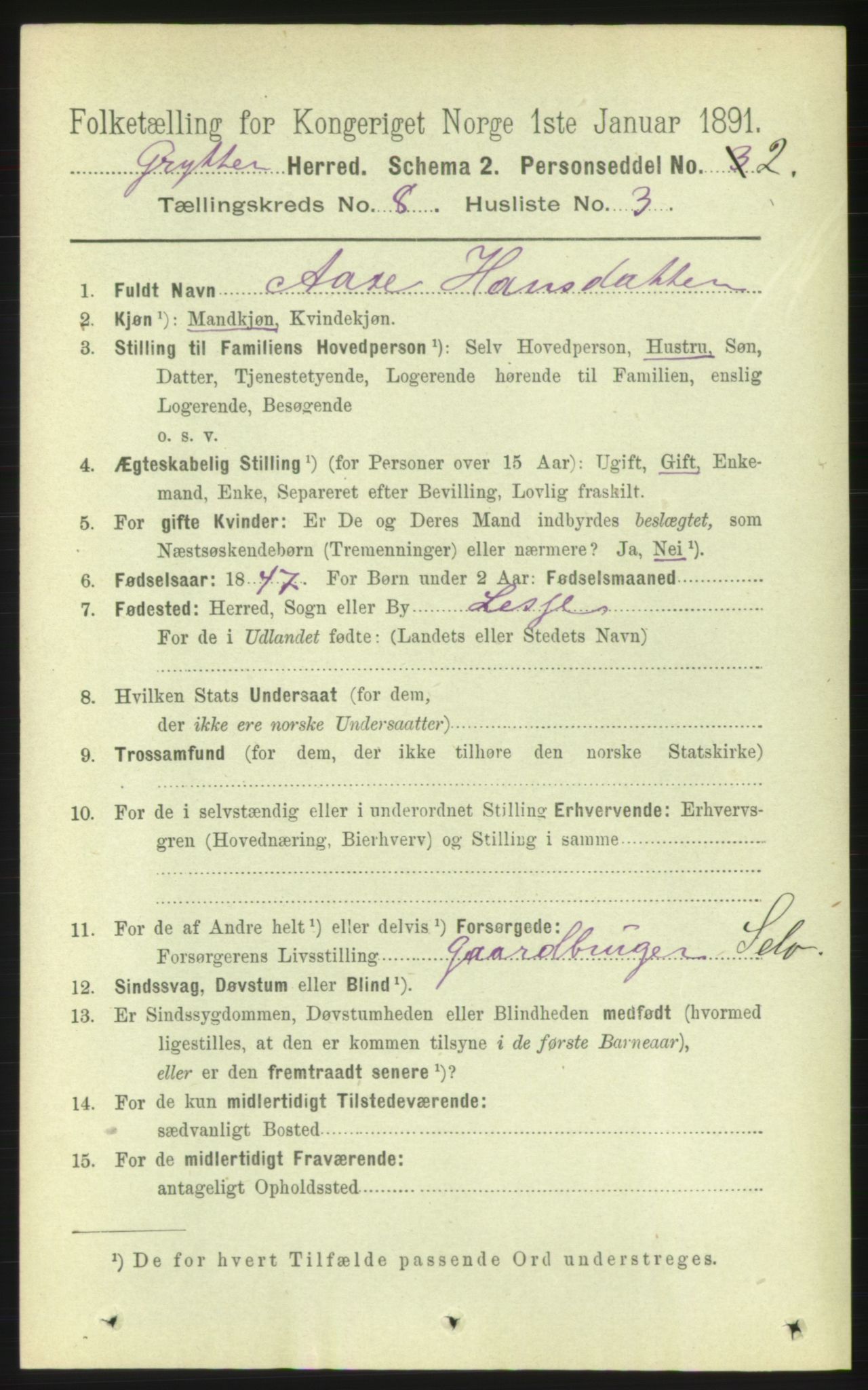 RA, 1891 census for 1539 Grytten, 1891, p. 3172