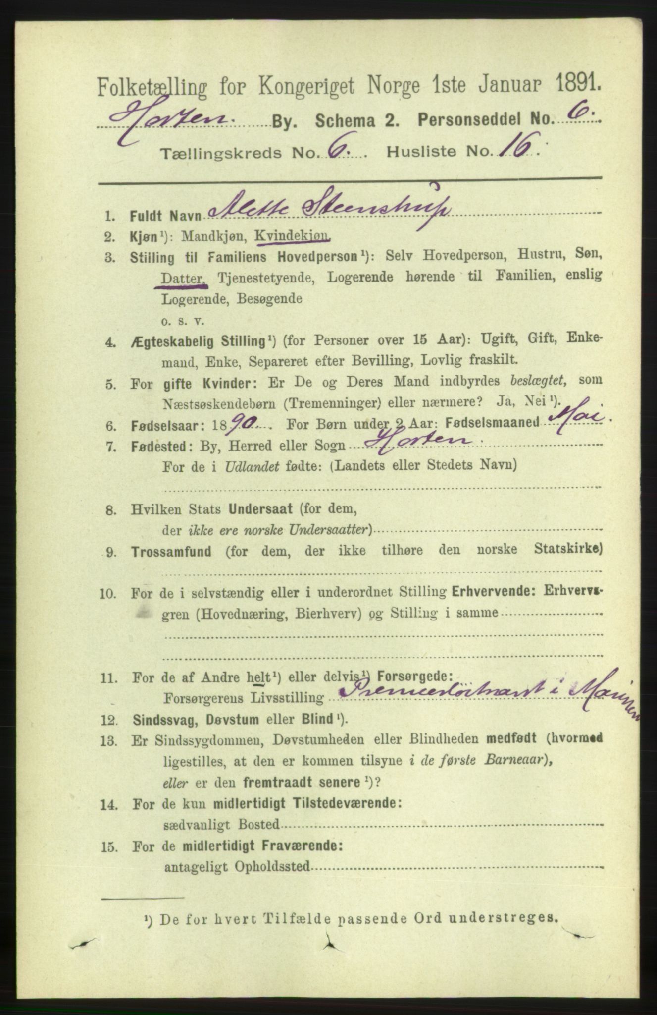 RA, 1891 census for 0703 Horten, 1891, p. 3896