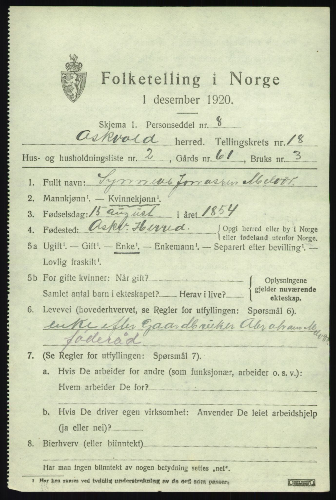 SAB, 1920 census for Askvoll, 1920, p. 6784