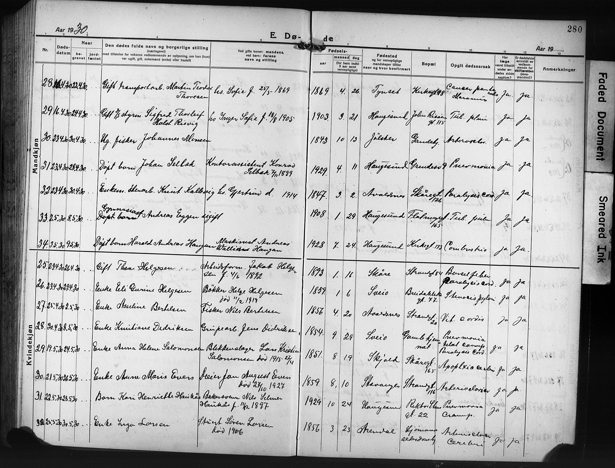 Haugesund sokneprestkontor, AV/SAST-A -101863/H/Ha/Hab/L0010: Parish register (copy) no. B 10, 1920-1931, p. 280