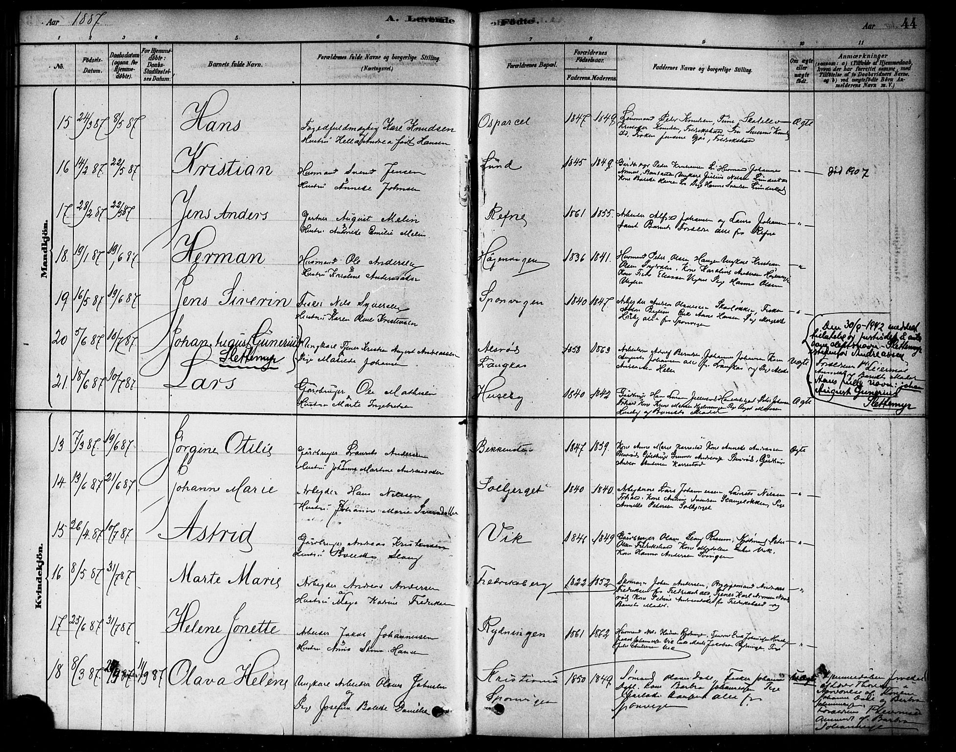 Berg prestekontor Kirkebøker, AV/SAO-A-10902/F/Fa/L0006: Parish register (official) no. I 6, 1878-1887, p. 44