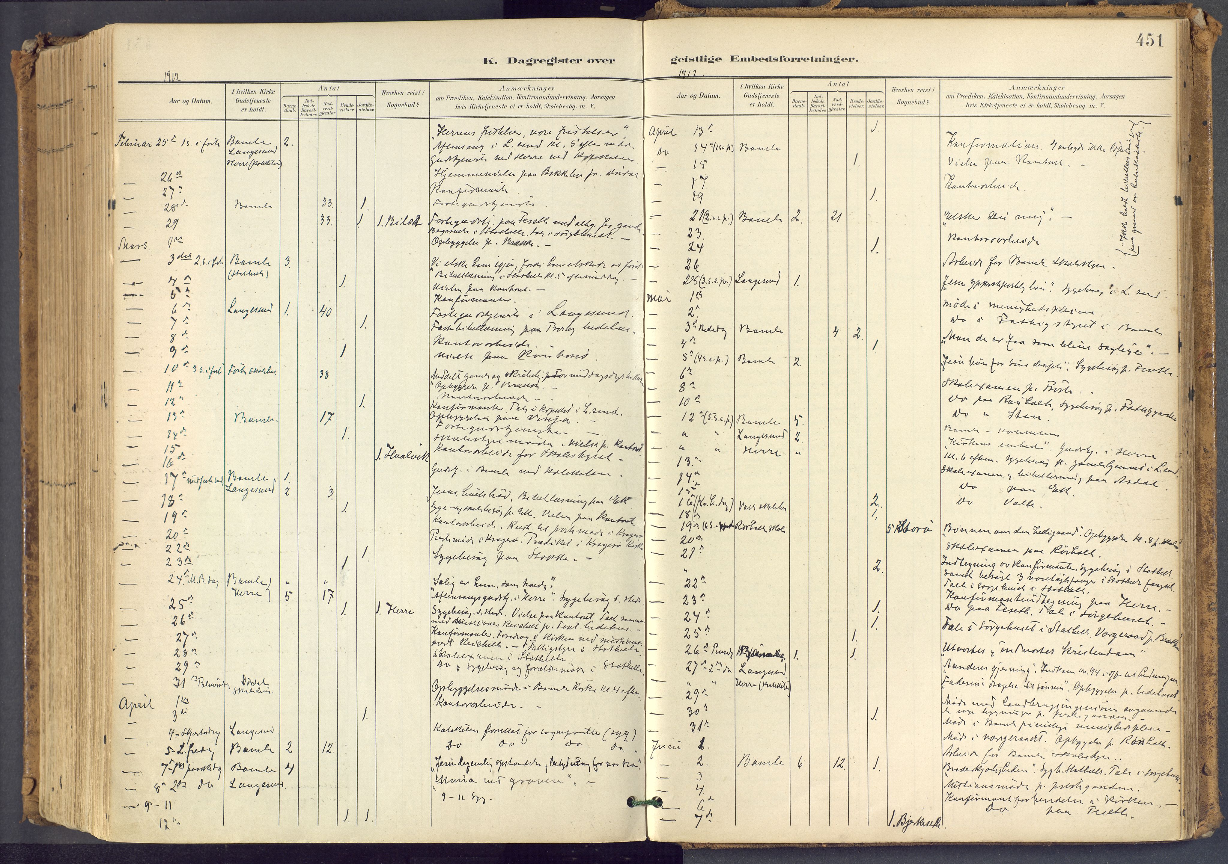 Bamble kirkebøker, SAKO/A-253/F/Fa/L0009: Parish register (official) no. I 9, 1901-1917, p. 451
