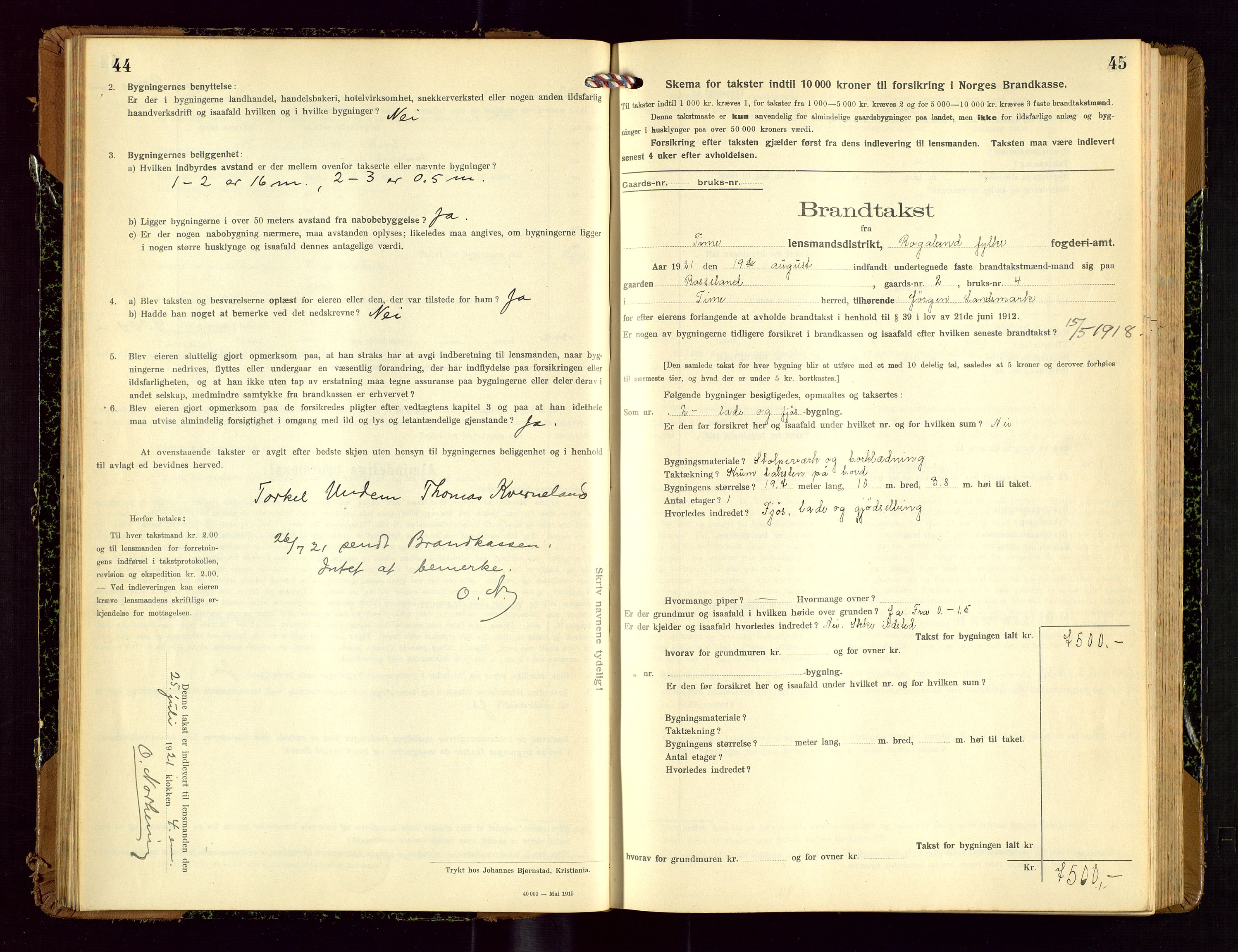 Time lensmannskontor, AV/SAST-A-100420/Gob/L0002: Branntakstprotokoll, 1919-1952, p. 44-45