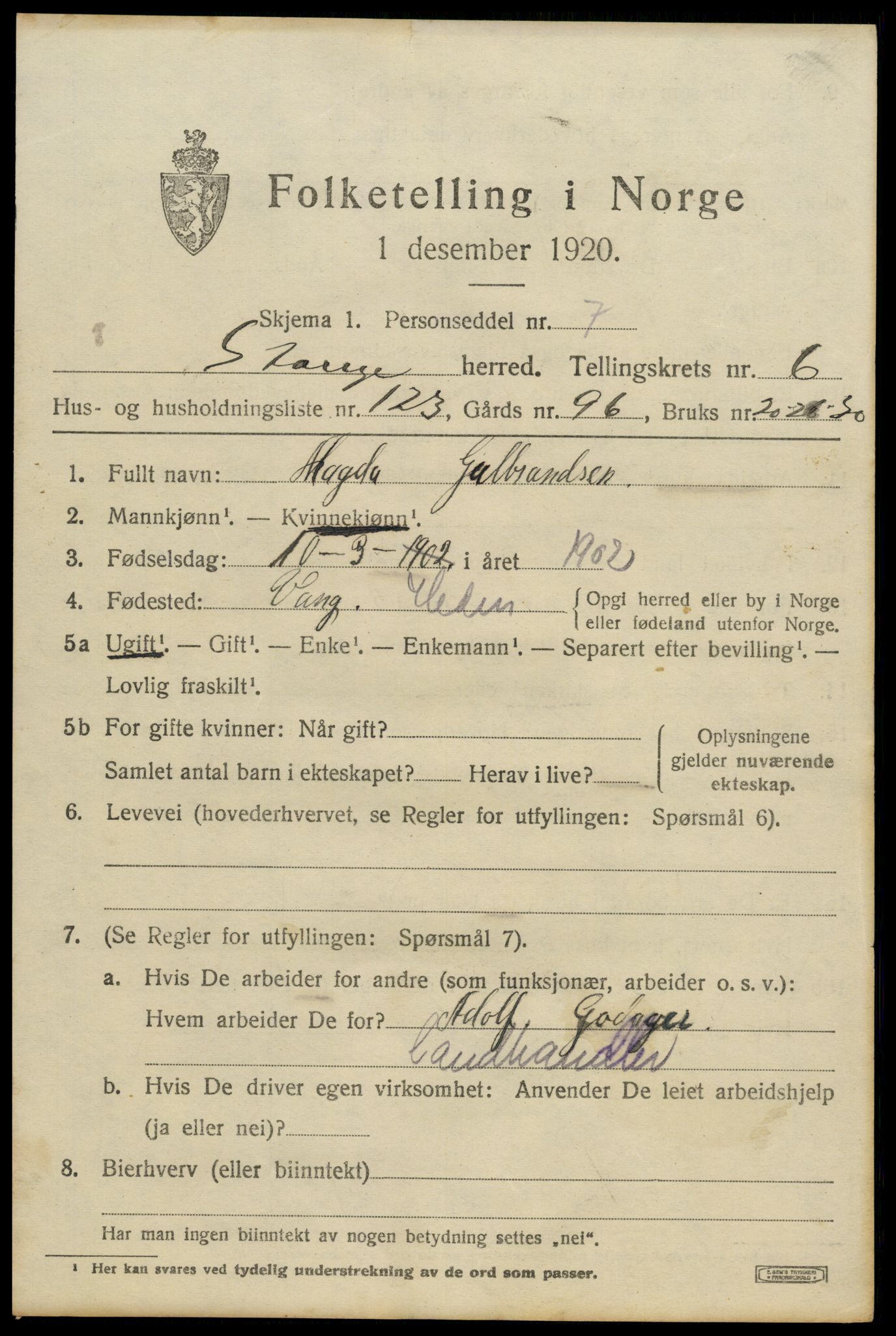 SAH, 1920 census for Stange, 1920, p. 12219