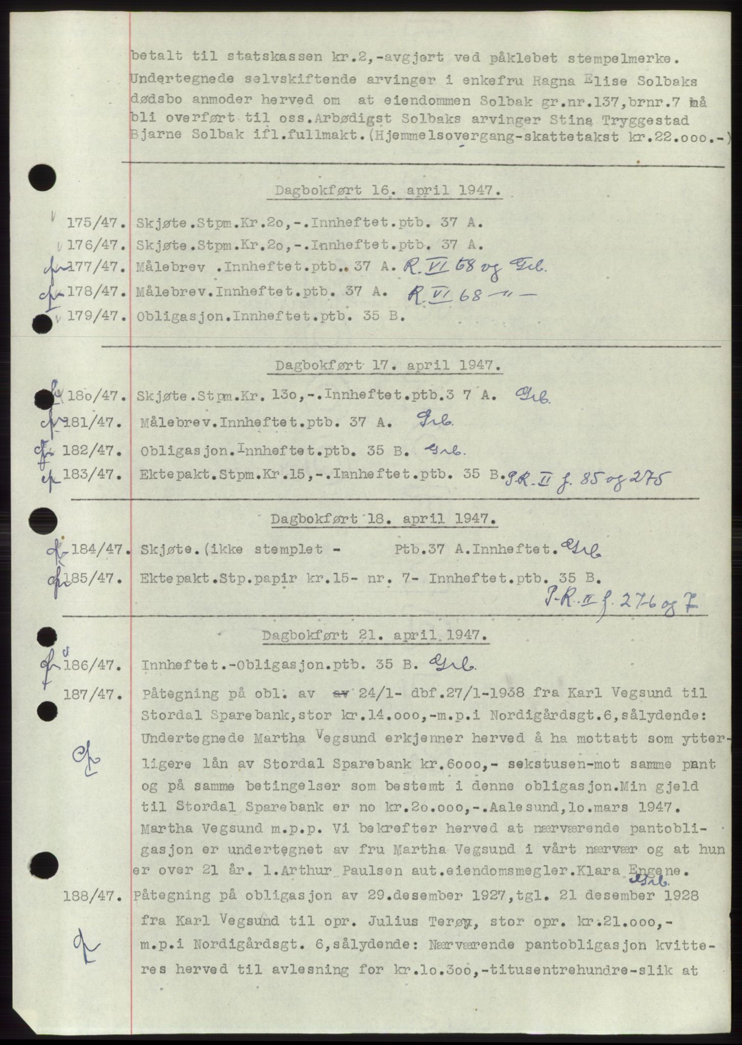 Ålesund byfogd, AV/SAT-A-4384: Mortgage book no. C34-35, 1946-1950, Diary no: : 175/1947