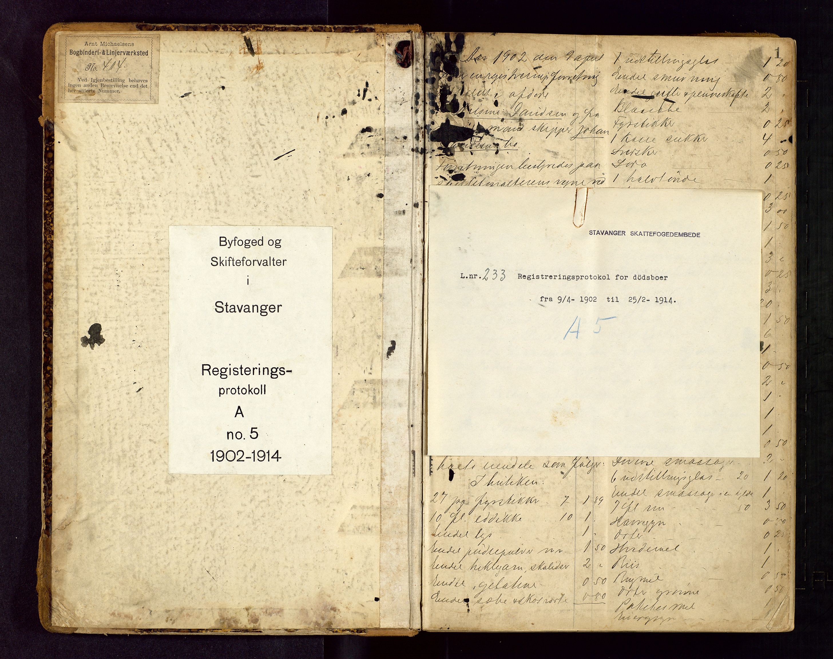 Stavanger skifteforvalter, AV/SAST-A-101412/001/5/53/533BA/L0002: Registreringsprotokoll, 1902-1914, p. 1
