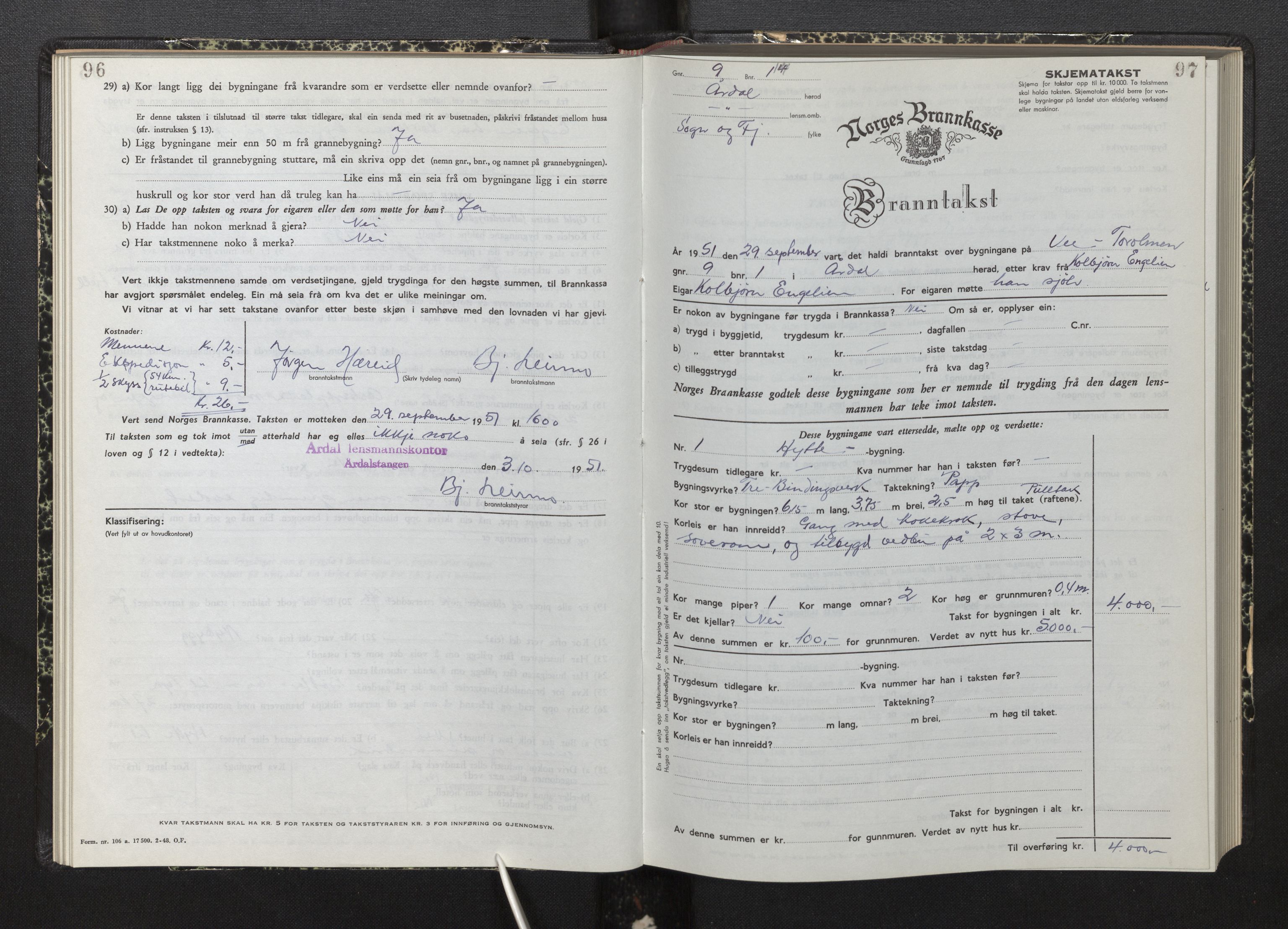 Lensmannen i Årdal, AV/SAB-A-30501/0012/L0012: Branntakstprotokoll, skjematakst, 1949-1955, p. 96-97