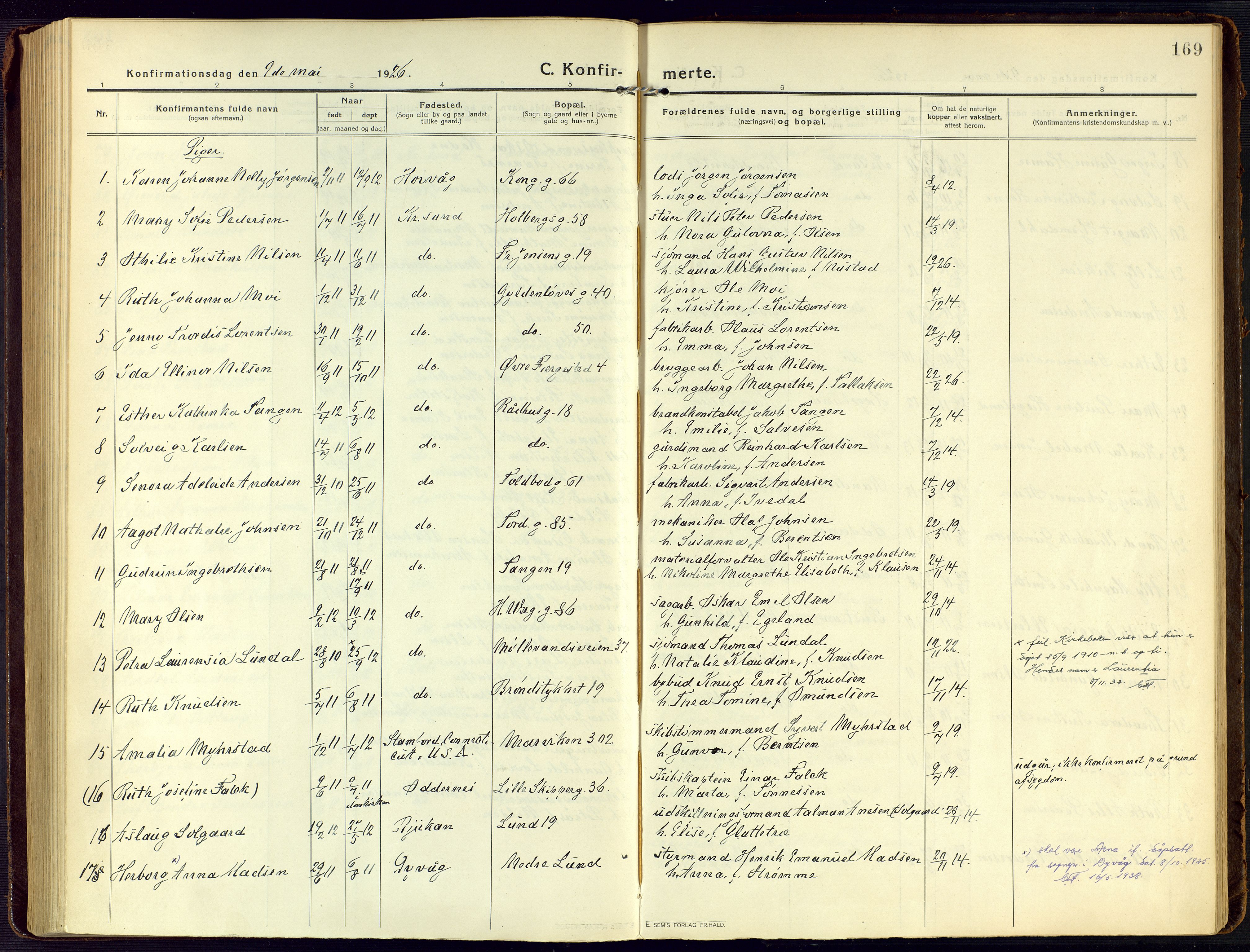 Kristiansand domprosti, SAK/1112-0006/F/Fa/L0026: Parish register (official) no. A 25, 1916-1928, p. 169