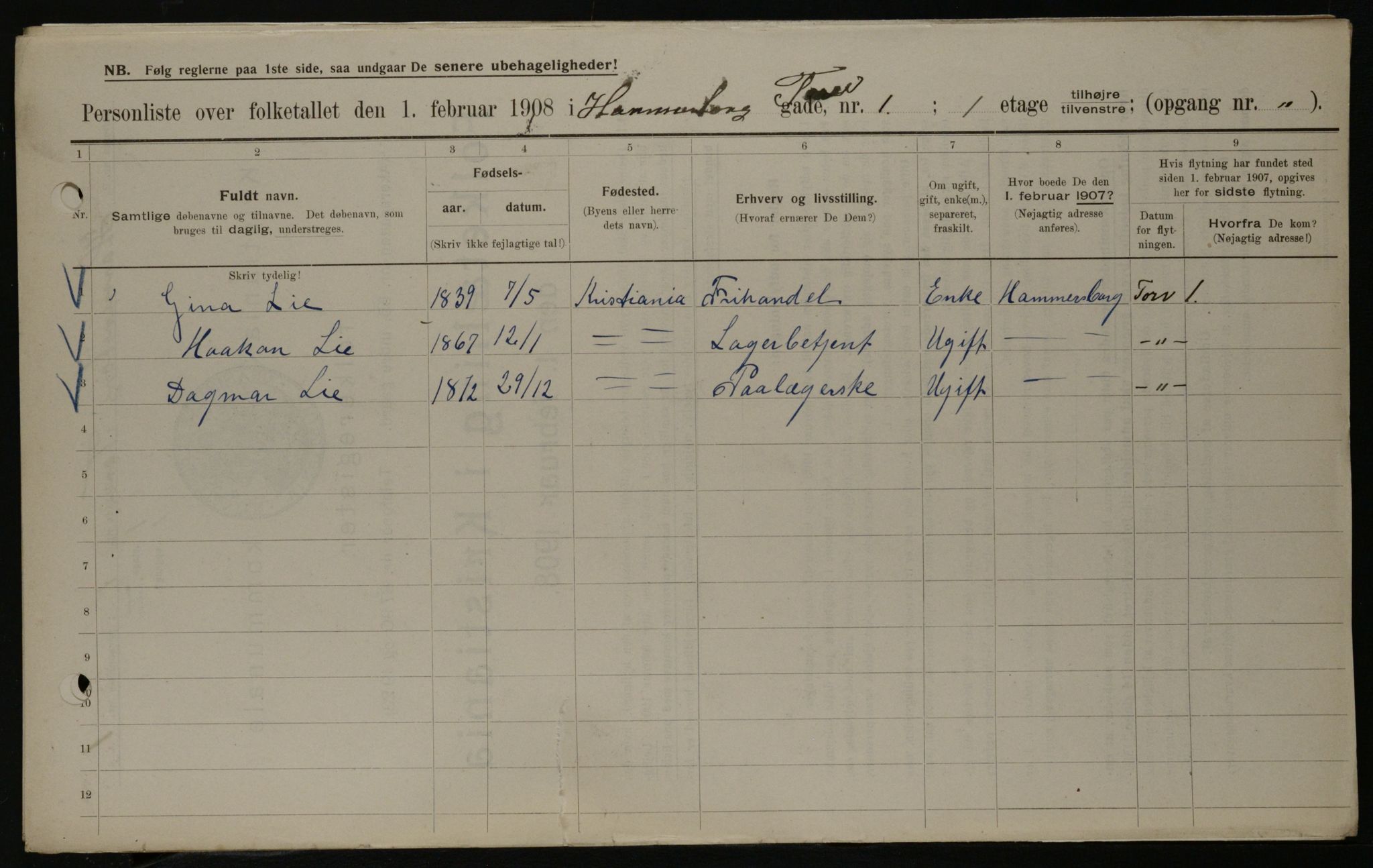 OBA, Municipal Census 1908 for Kristiania, 1908, p. 30996