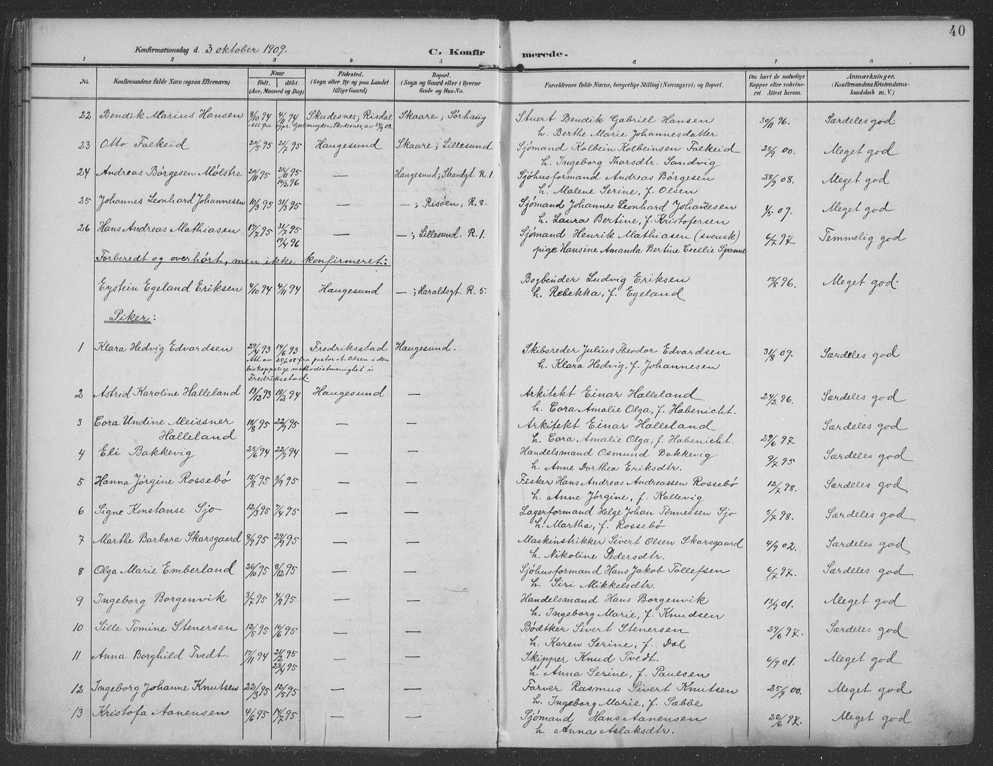 Haugesund sokneprestkontor, AV/SAST-A -101863/H/Ha/Haa/L0007: Parish register (official) no. A 7, 1904-1916, p. 40