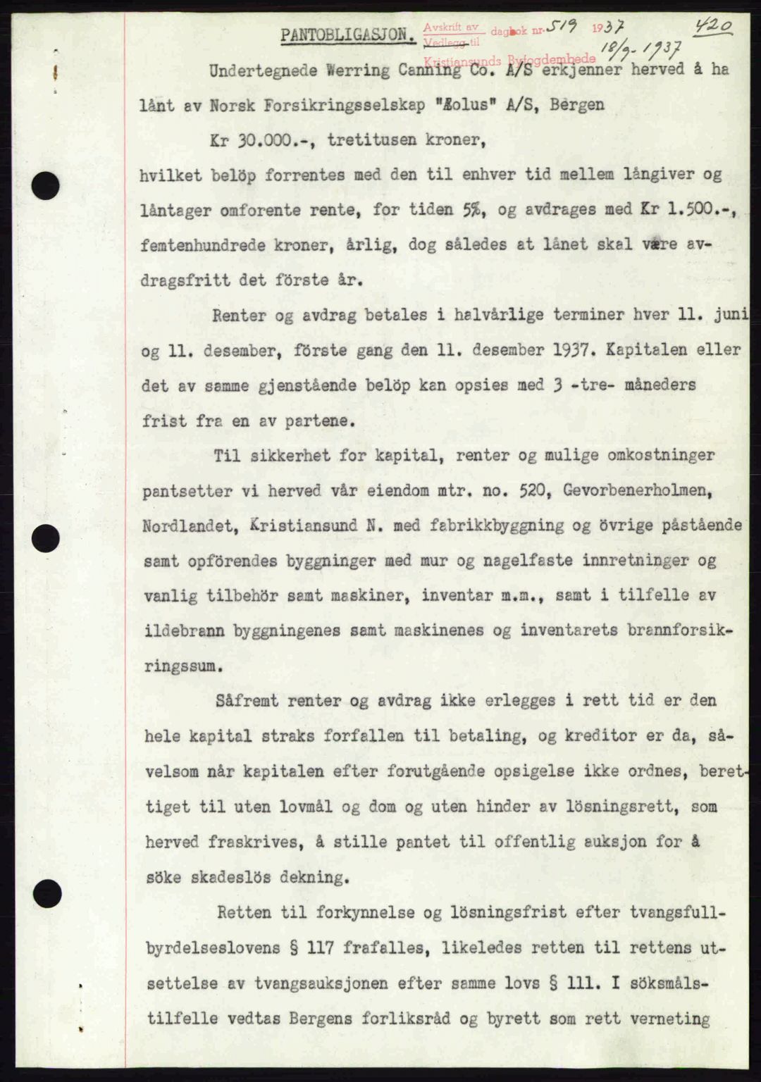 Kristiansund byfogd, AV/SAT-A-4587/A/27: Mortgage book no. 29, 1936-1937, Diary no: : 519/1937