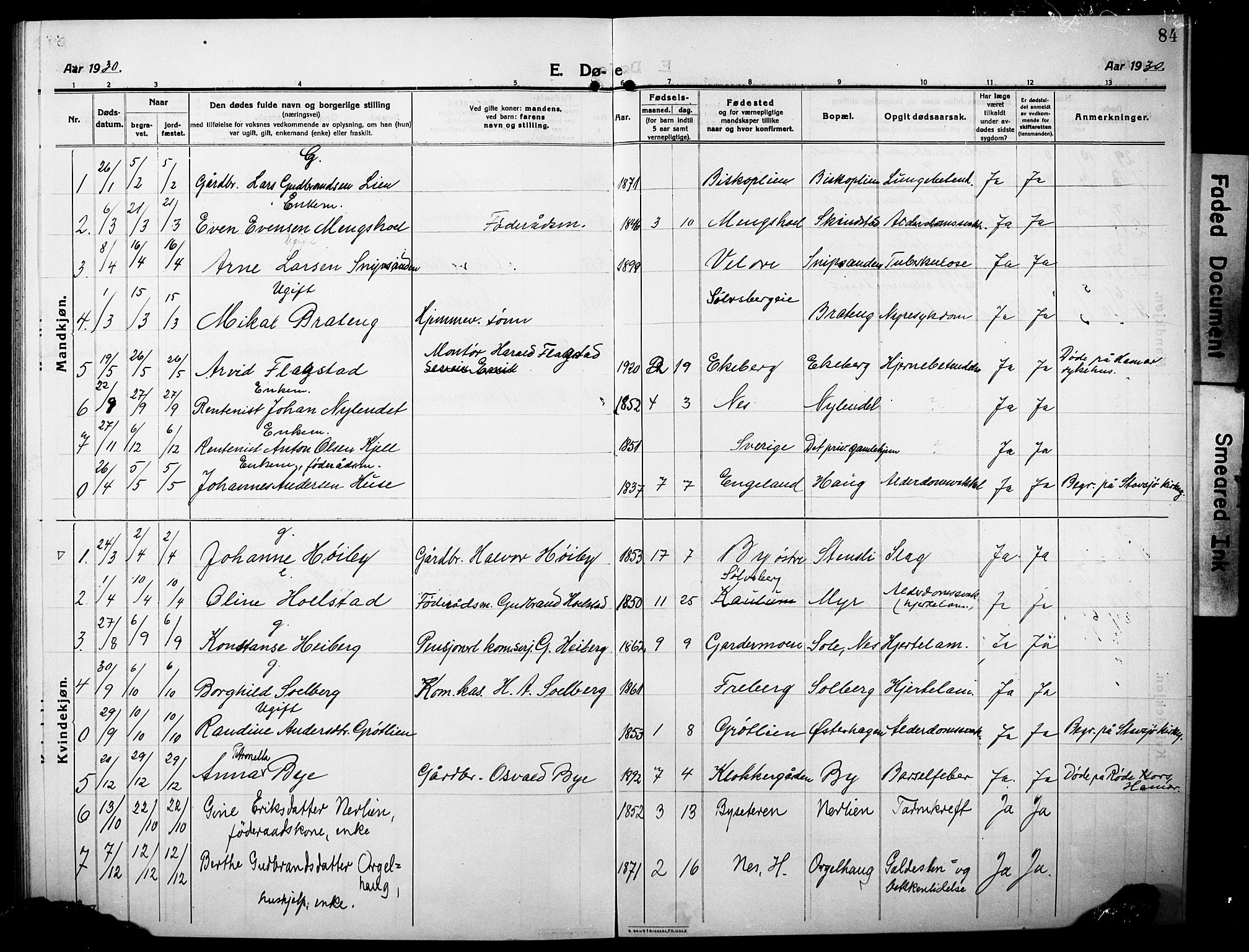 Nes prestekontor, Hedmark, SAH/PREST-020/L/La/L0008: Parish register (copy) no. 8, 1910-1932, p. 84