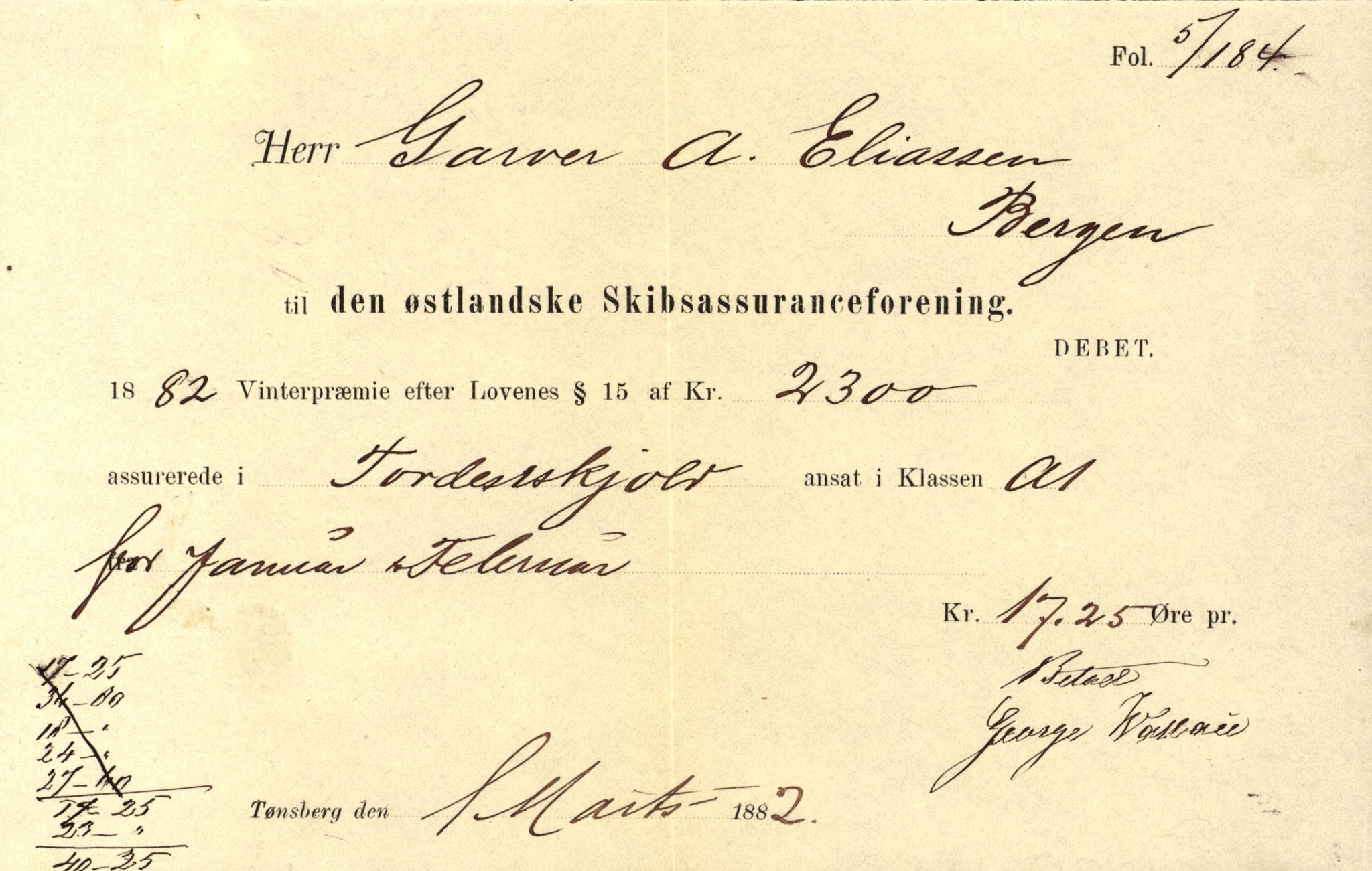 Pa 63 - Østlandske skibsassuranceforening, VEMU/A-1079/G/Ga/L0015/0007: Havaridokumenter / Jil, B.M. Width, Luca, Flora, Drammen, 1882, p. 56