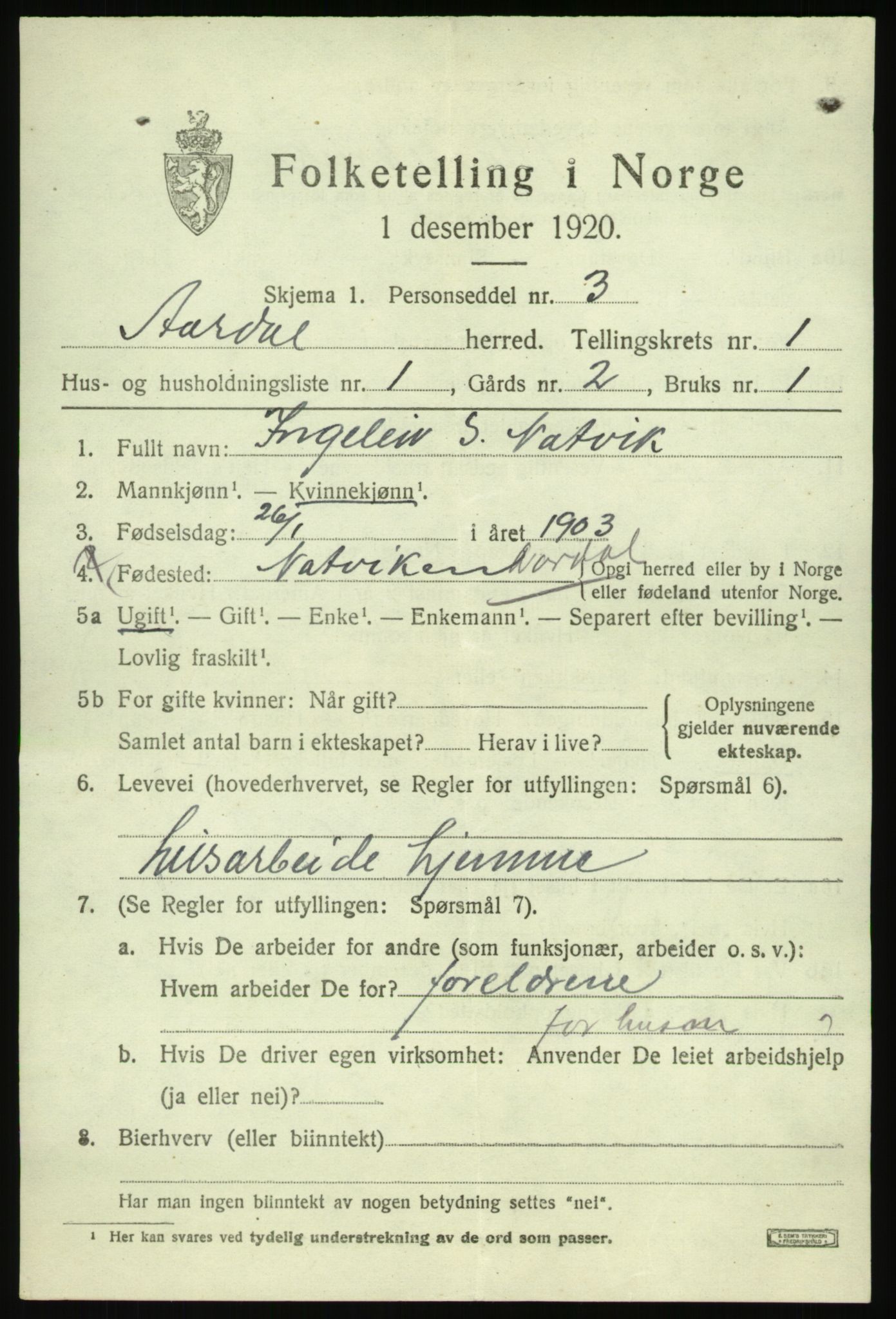 SAB, 1920 census for Årdal, 1920, p. 507