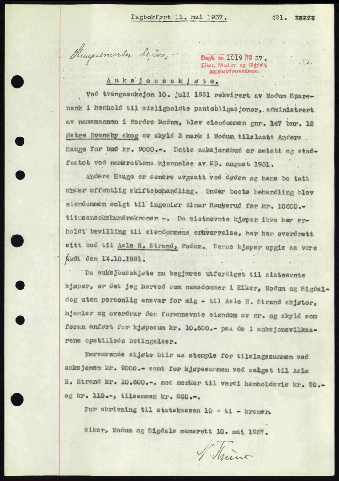 Eiker, Modum og Sigdal sorenskriveri, SAKO/A-123/G/Ga/Gab/L0035: Mortgage book no. A5, 1937-1937, Diary no: : 1019/1937