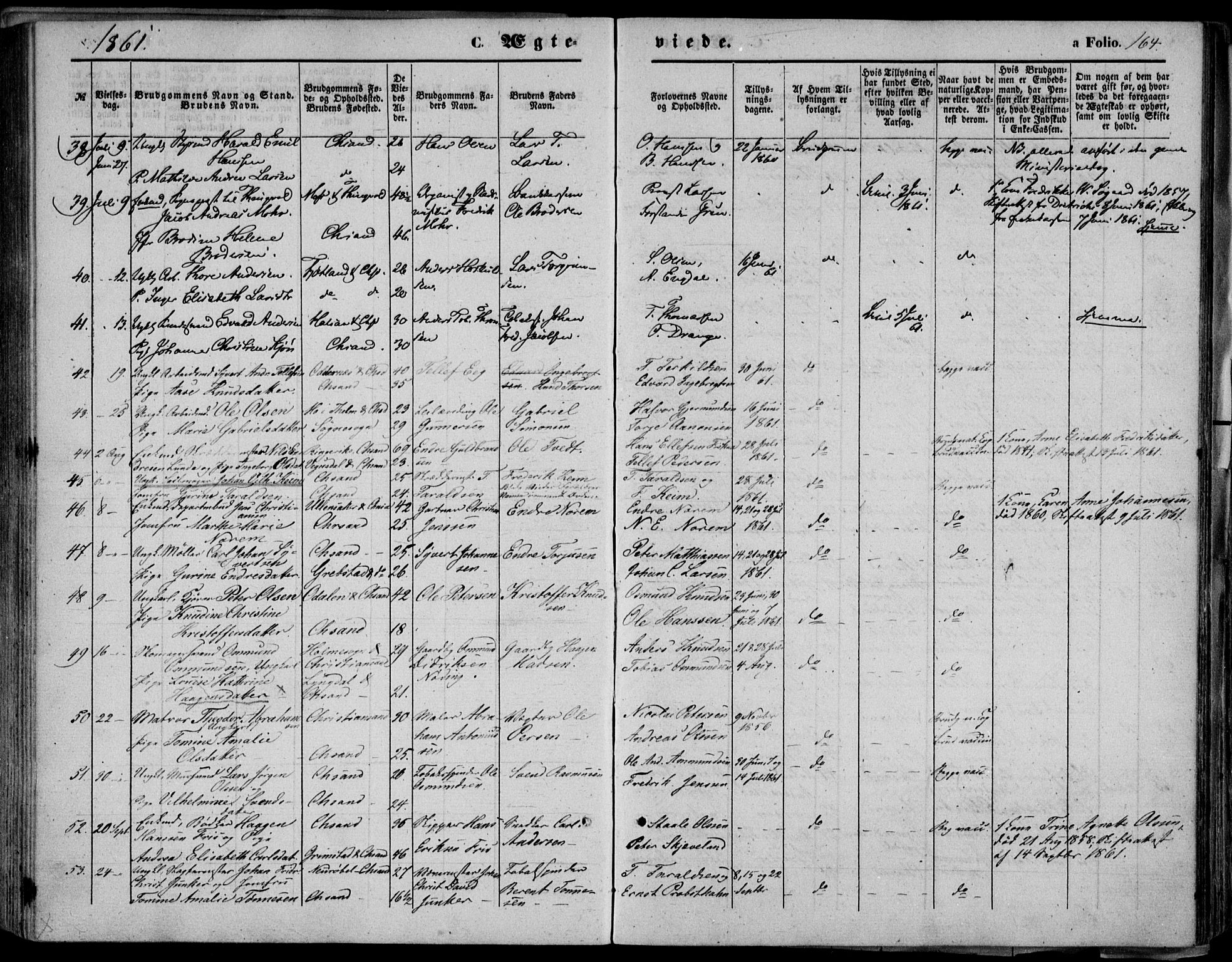 Kristiansand domprosti, SAK/1112-0006/F/Fb/L0012: Parish register (copy) no. B 12, 1861-1870, p. 164