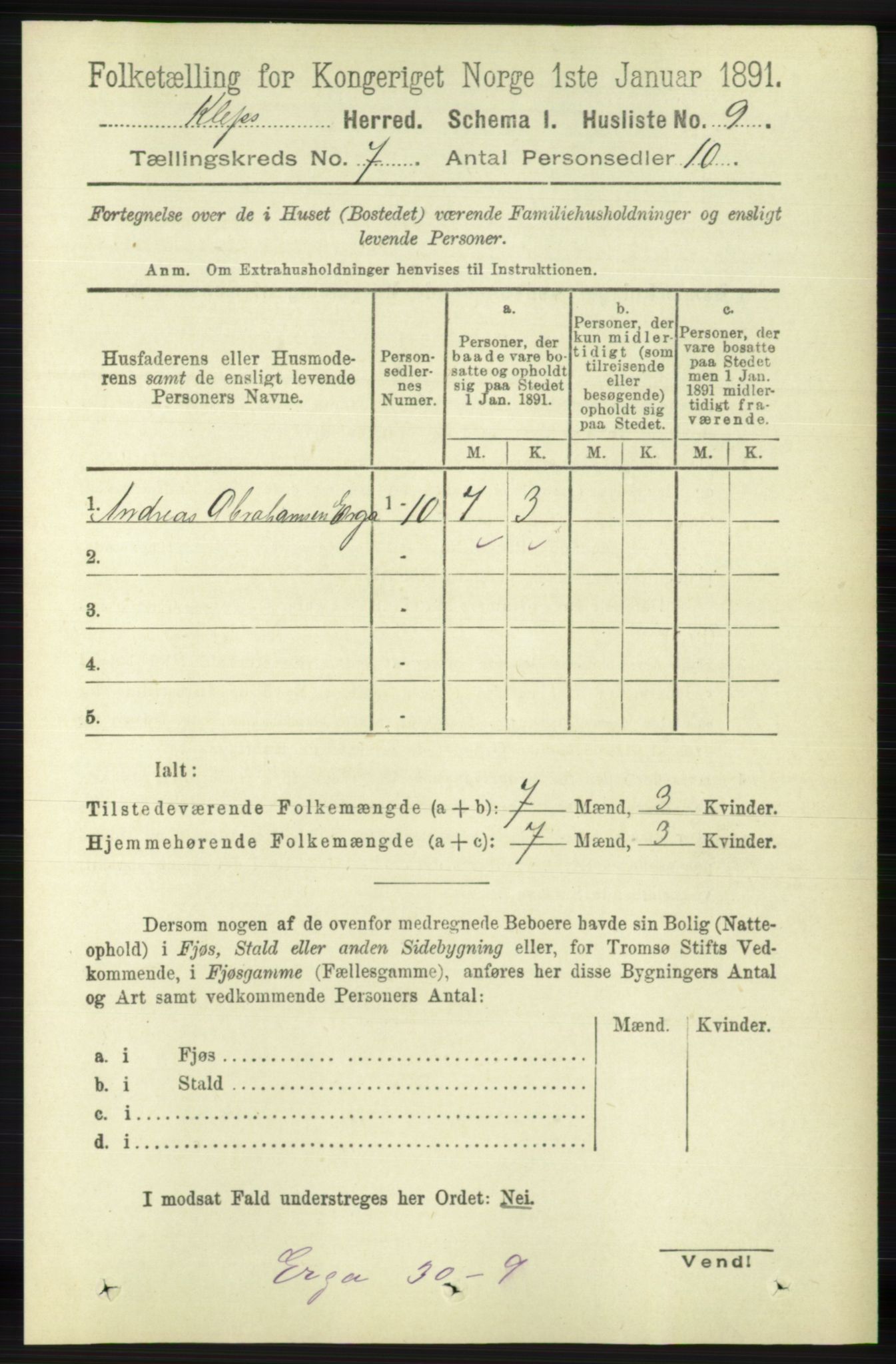 RA, 1891 census for 1120 Klepp, 1891, p. 2064