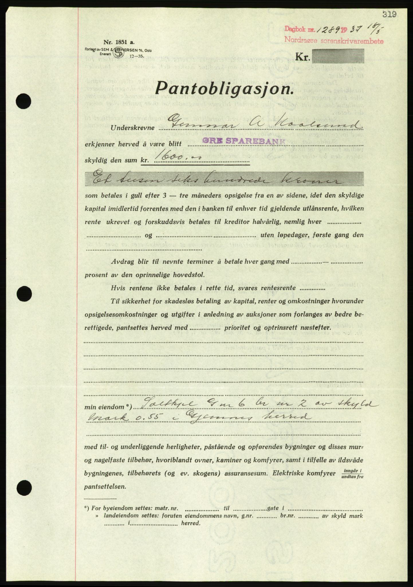 Nordmøre sorenskriveri, AV/SAT-A-4132/1/2/2Ca/L0091: Mortgage book no. B81, 1937-1937, Diary no: : 1289/1937