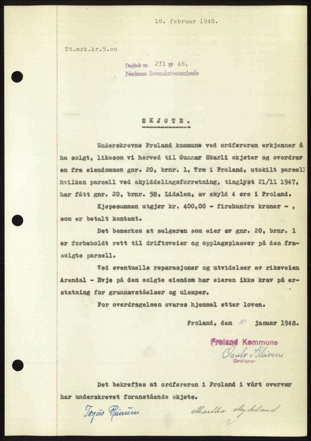 Nedenes sorenskriveri, SAK/1221-0006/G/Gb/Gba/L0058: Mortgage book no. A10, 1947-1948, Diary no: : 231/1948