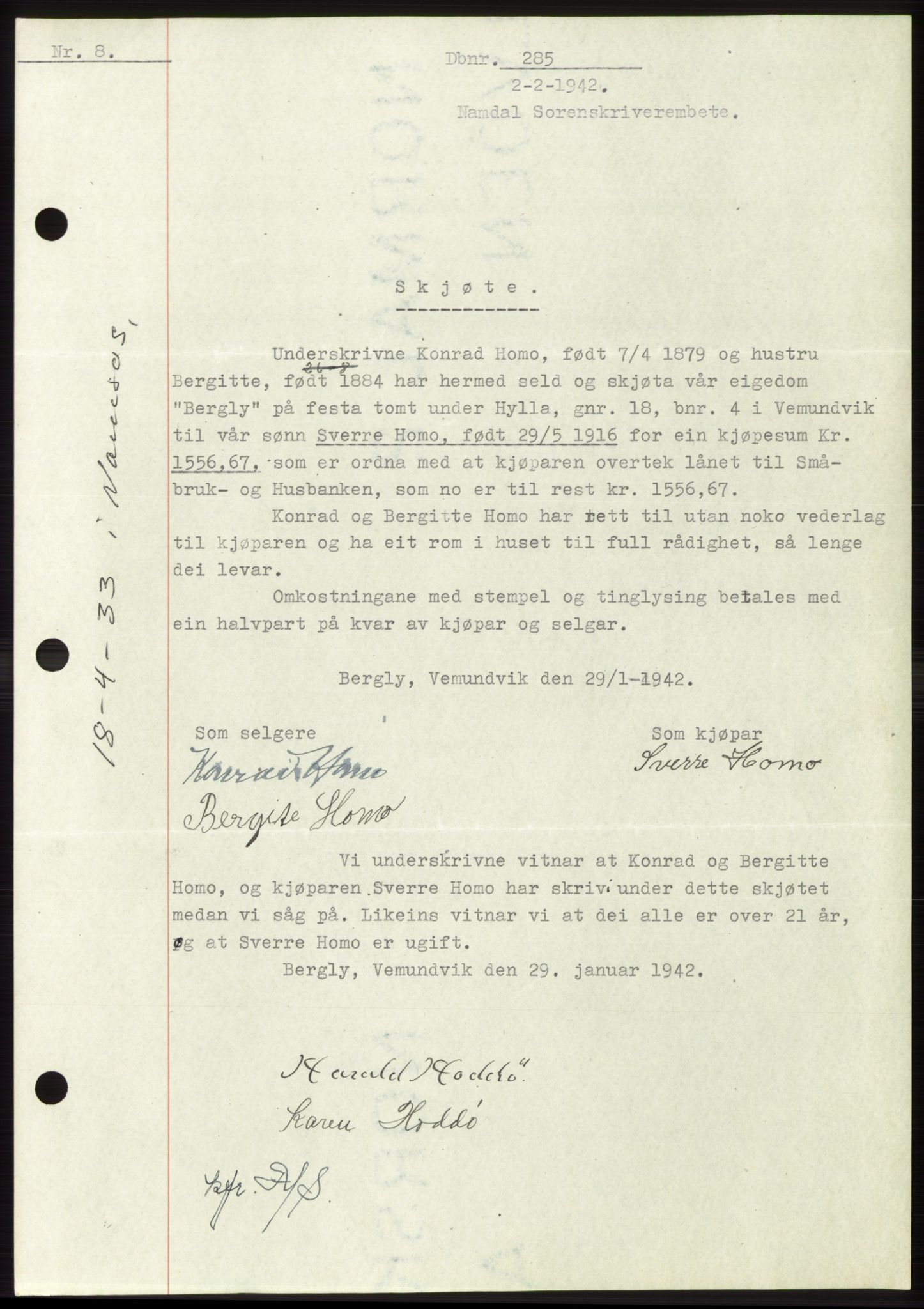 Namdal sorenskriveri, SAT/A-4133/1/2/2C: Mortgage book no. -, 1941-1942, Diary no: : 285/1942