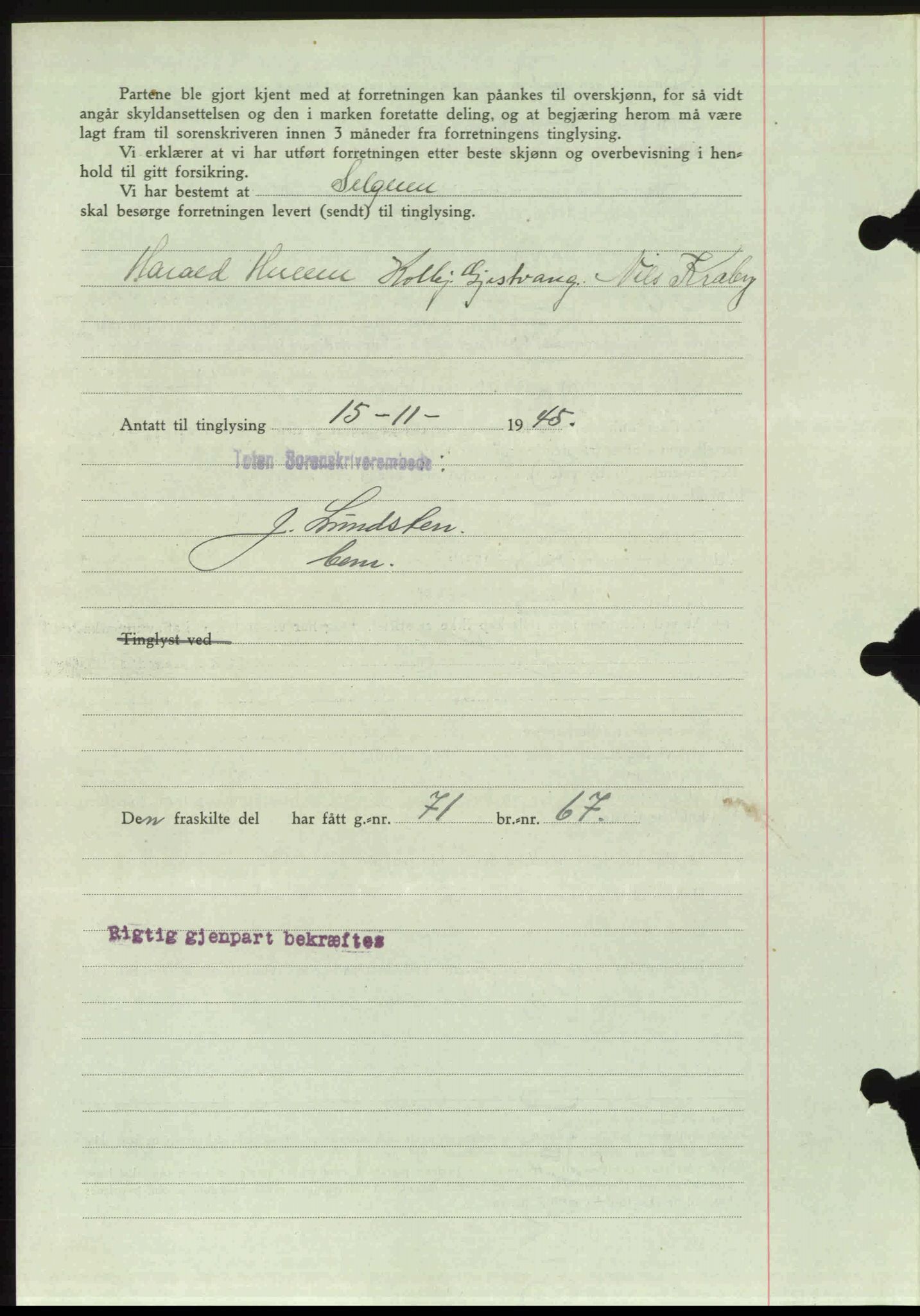 Toten tingrett, SAH/TING-006/H/Hb/Hbc/L0013: Mortgage book no. Hbc-13, 1945-1945, Diary no: : 1567/1945