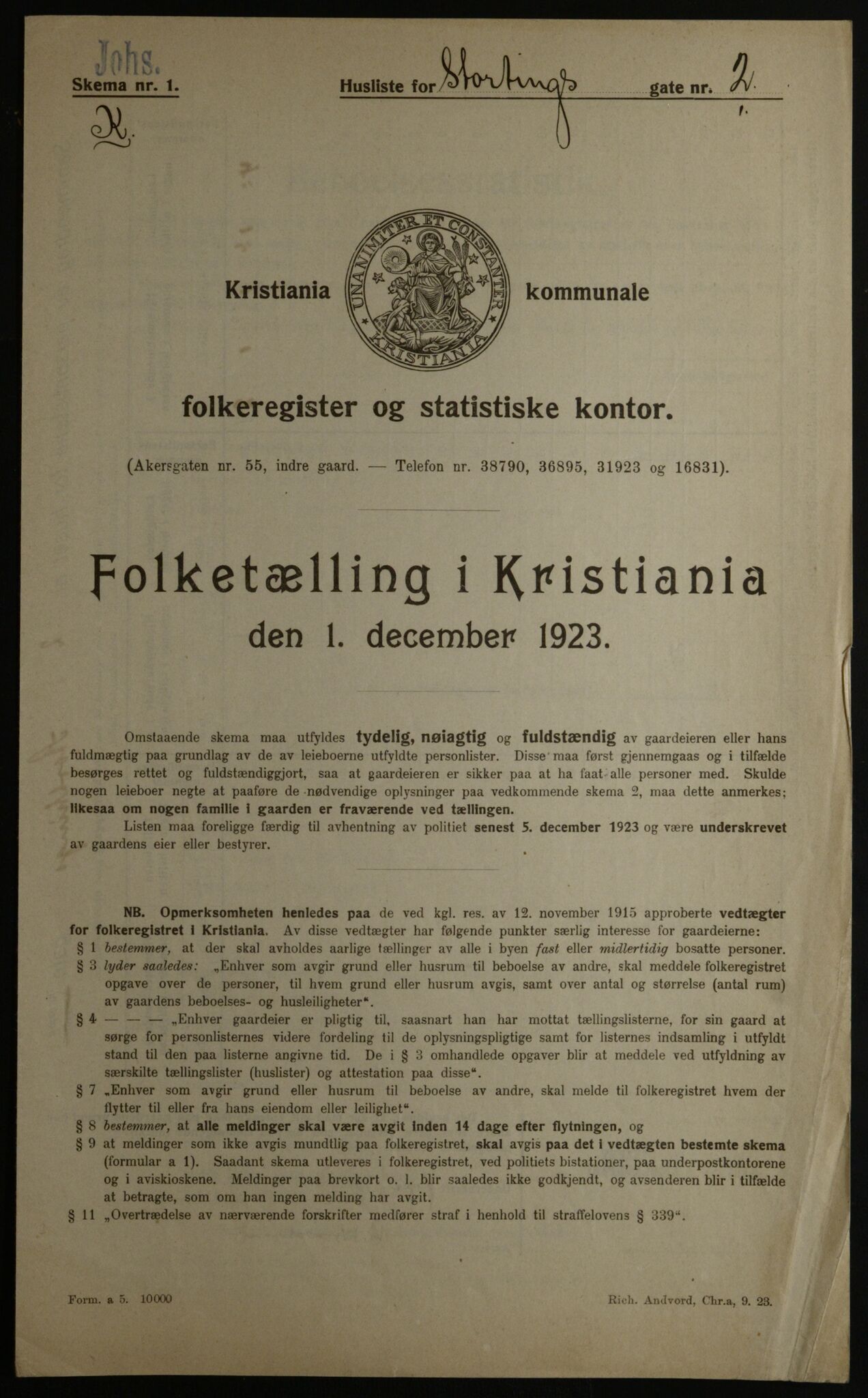 OBA, Municipal Census 1923 for Kristiania, 1923, p. 114615