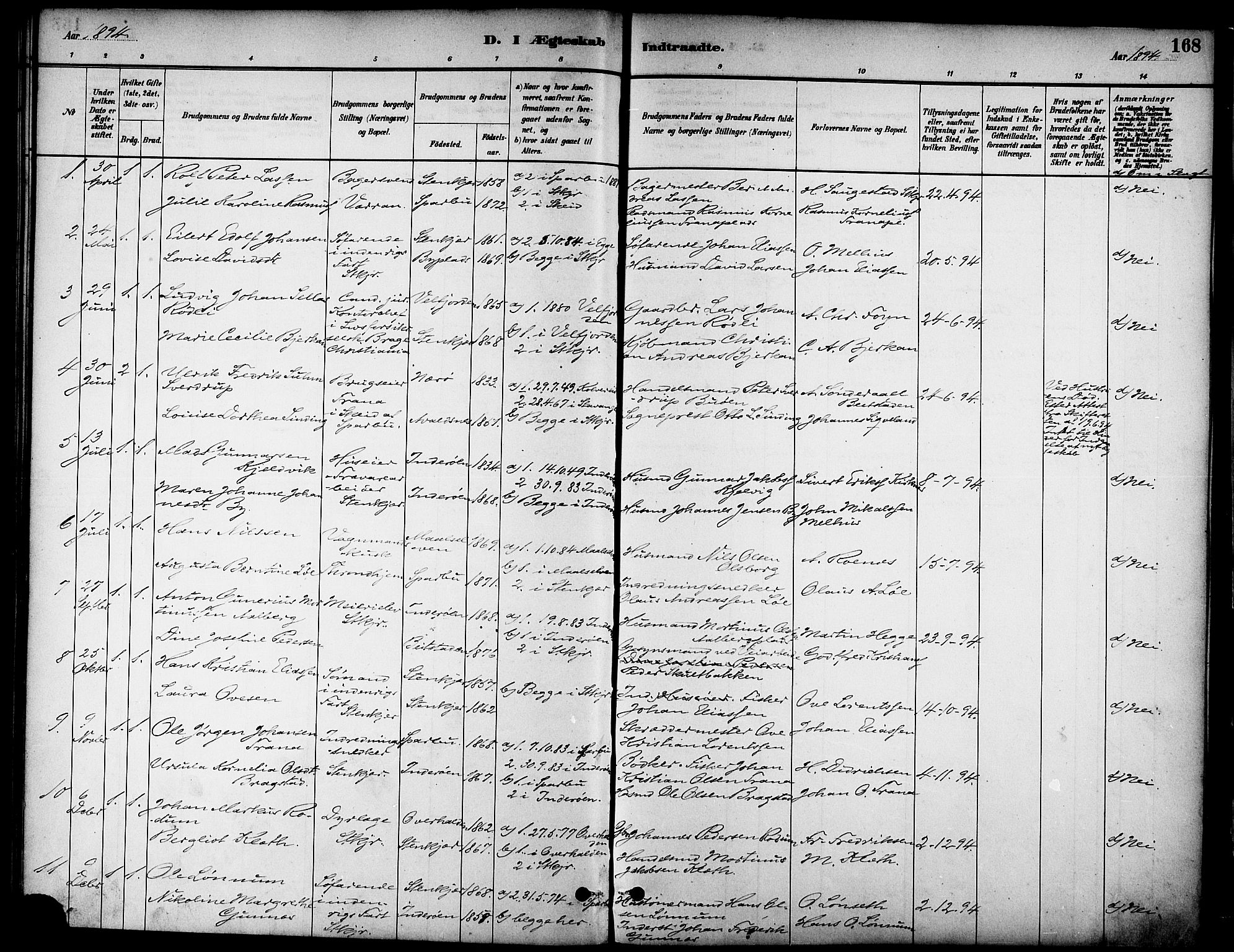 Ministerialprotokoller, klokkerbøker og fødselsregistre - Nord-Trøndelag, SAT/A-1458/739/L0371: Parish register (official) no. 739A03, 1881-1895, p. 168
