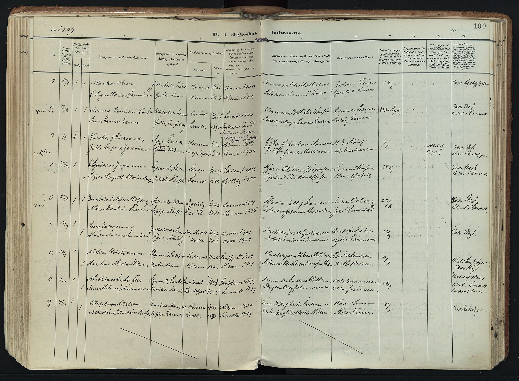 Hedrum kirkebøker, SAKO/A-344/F/Fa/L0010: Parish register (official) no. I 10, 1904-1918, p. 190